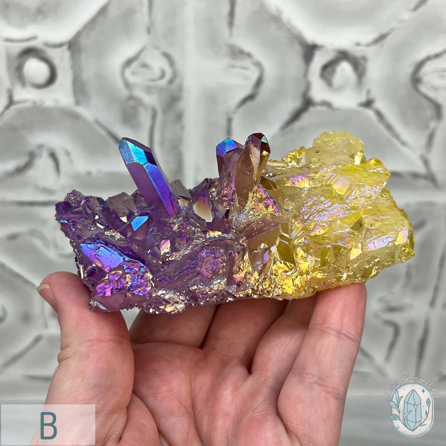Purple & Yellow Aura Clear Quartz Crystal Clusters