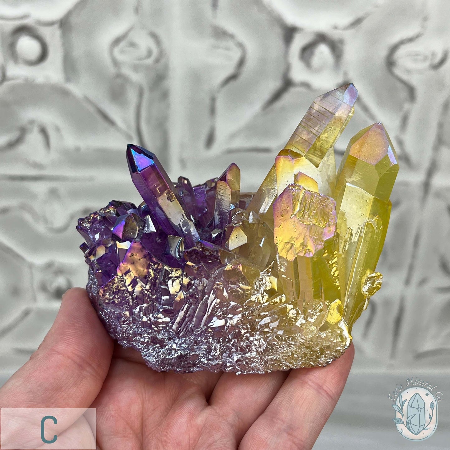 Purple & Yellow Aura Clear Quartz Crystal Clusters