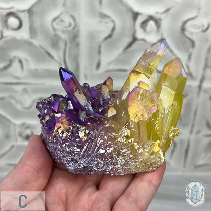 Purple & Yellow Aura Clear Quartz Crystal Clusters