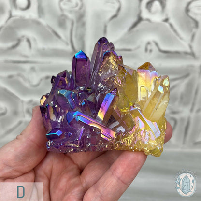Purple & Yellow Aura Clear Quartz Crystal Clusters