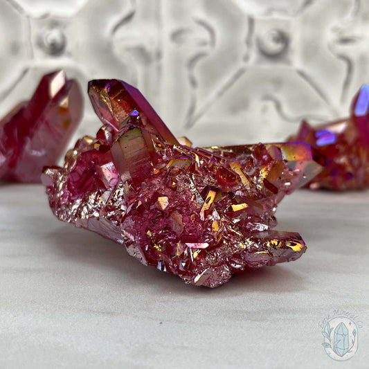Red Rainbow Aura Clear Quartz Crystal Clusters