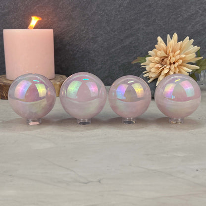 Polished Angel Aura Coated Rose Quartz Spheres