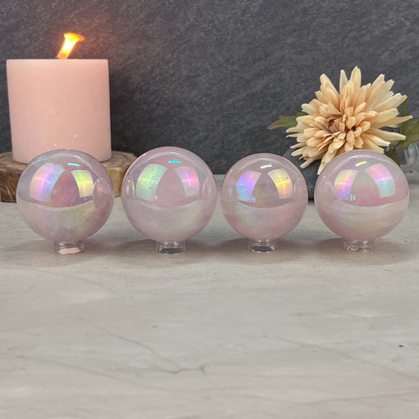 Polished Angel Aura Coated Rose Quartz Spheres