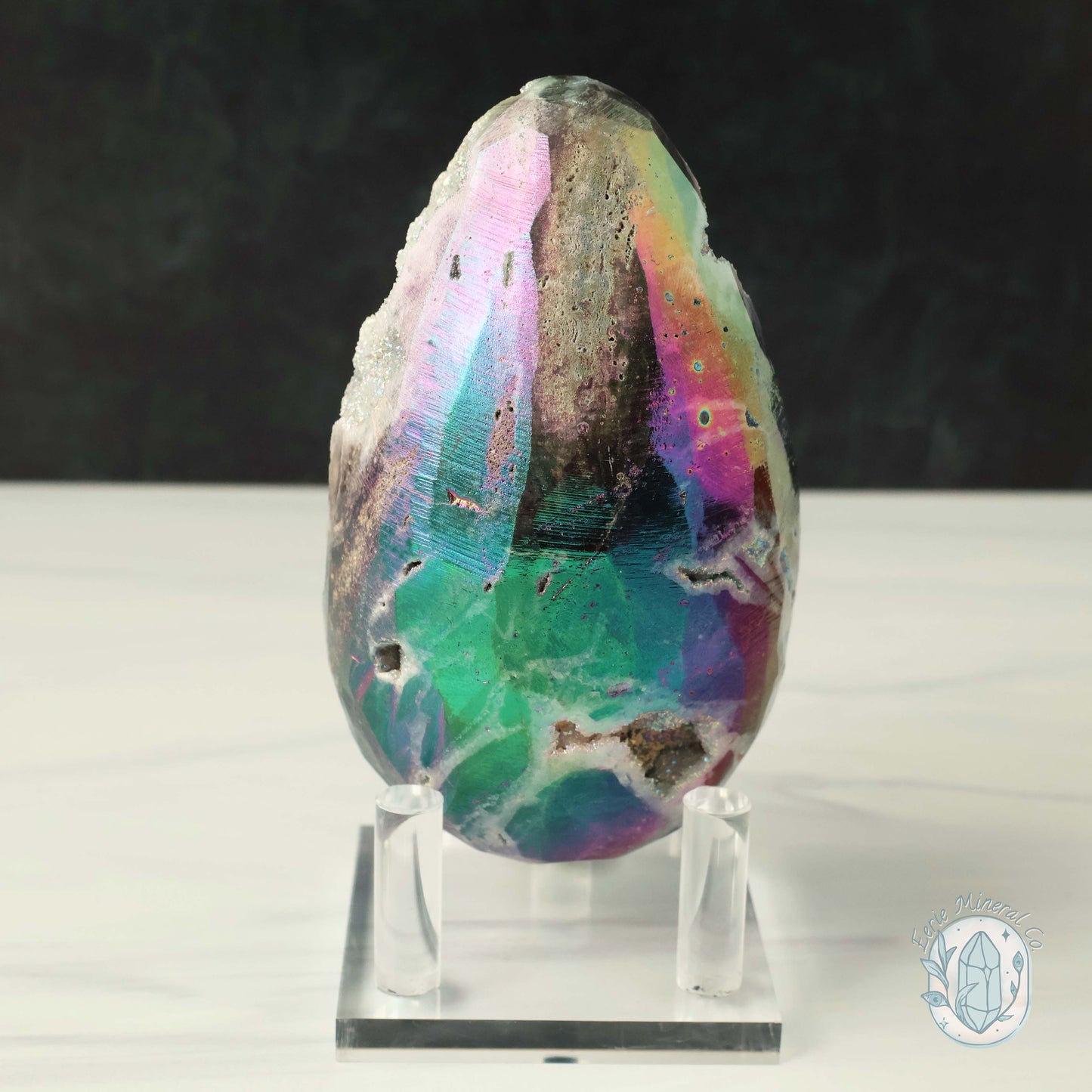 Rainbow Aura Druzy Sphalerite Egg With Stand