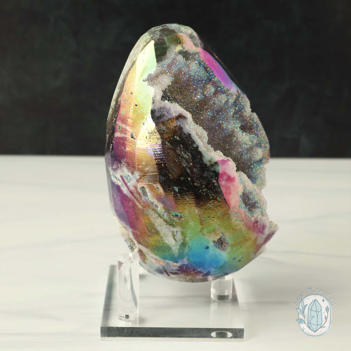 Rainbow Aura Druzy Sphalerite Egg With Stand