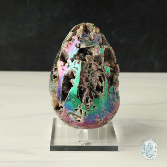 Rainbow Aura Druzy Sphalerite Egg With Stand