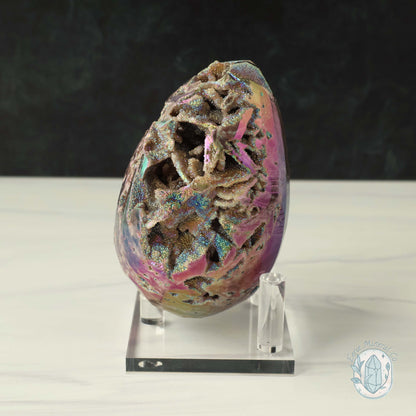 Rainbow Aura Druzy Sphalerite Egg With Stand