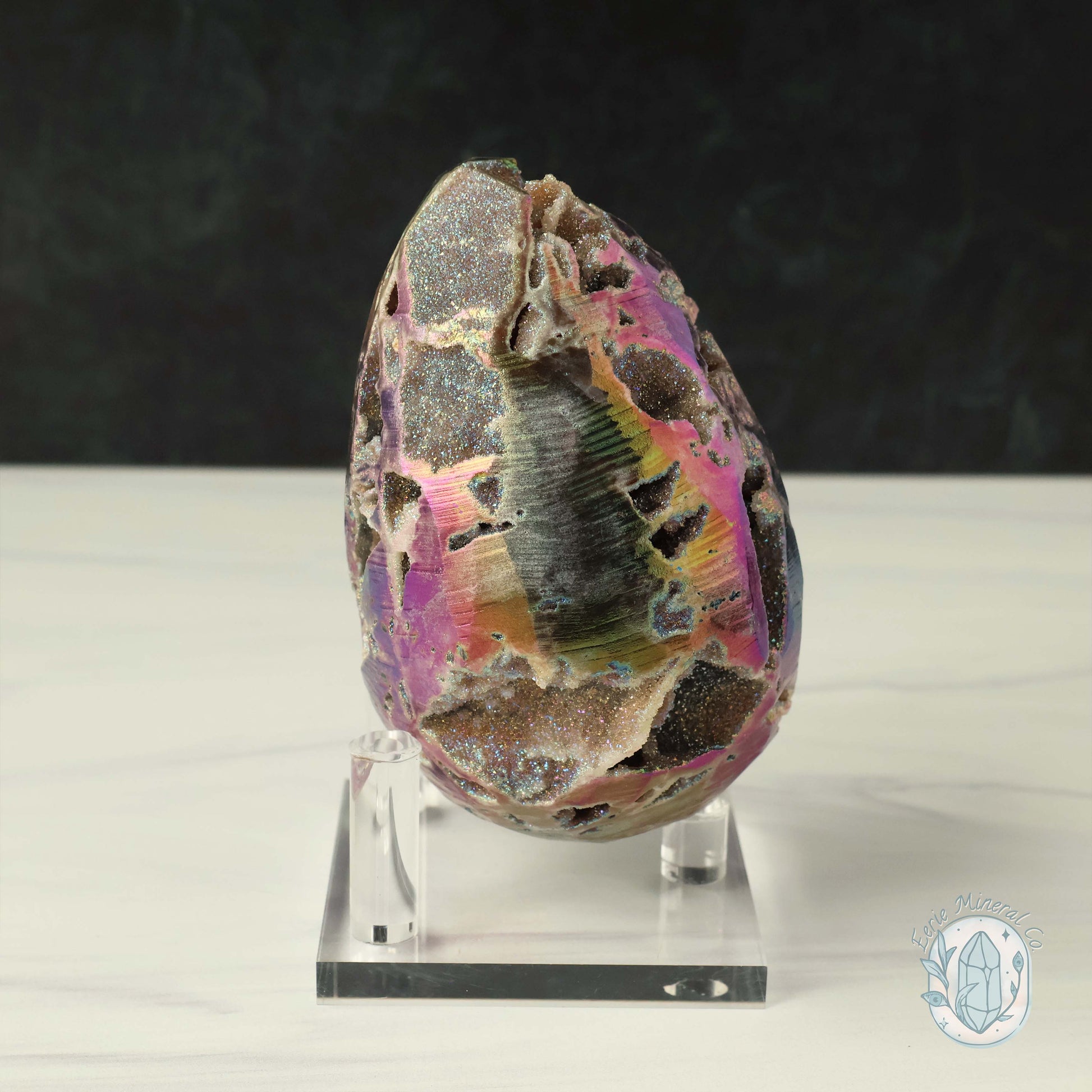 Rainbow Aura Druzy Sphalerite Egg With Stand
