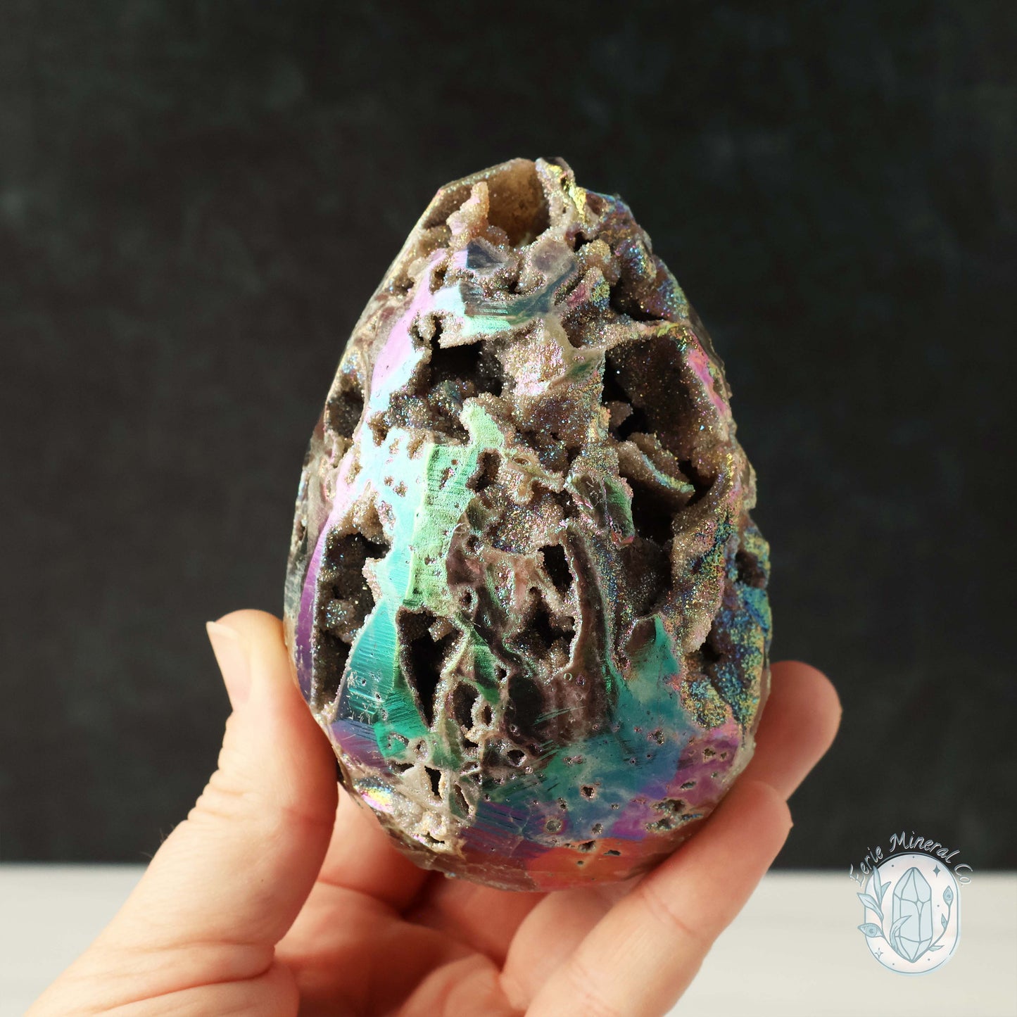 Rainbow Aura Druzy Sphalerite Egg With Stand