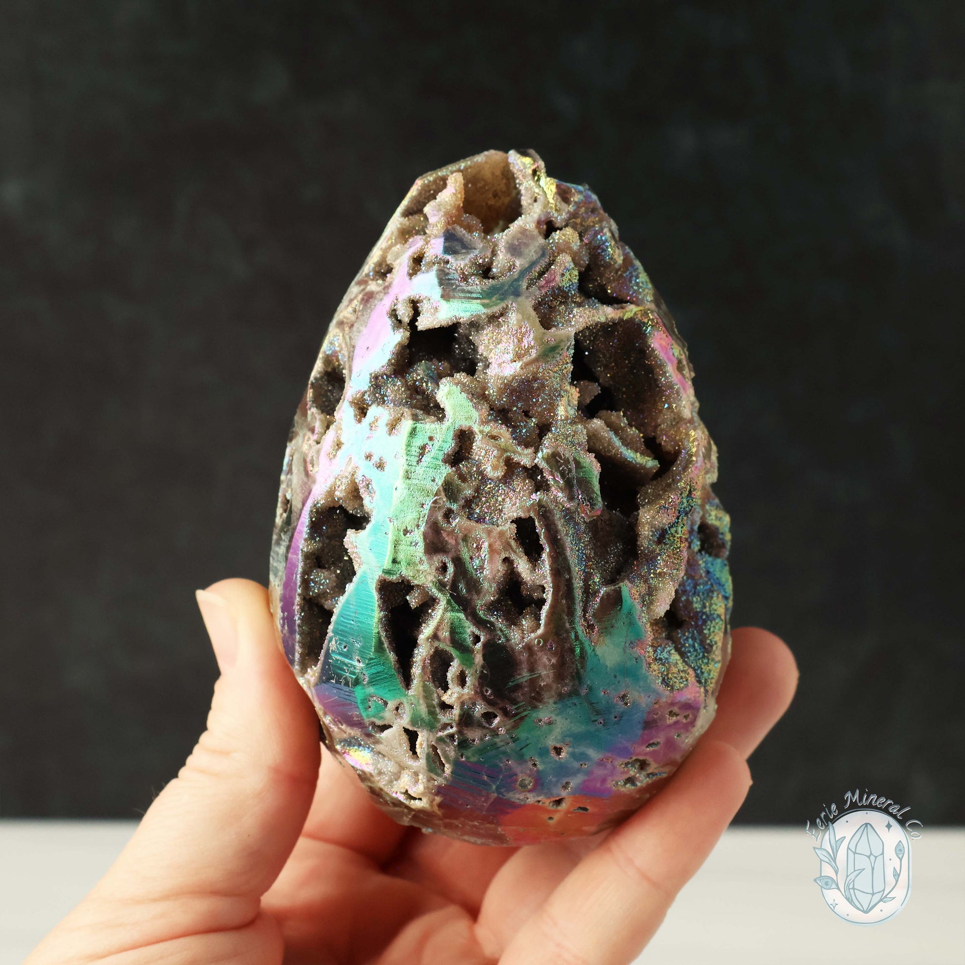 Rainbow Aura Druzy Sphalerite Egg With Stand