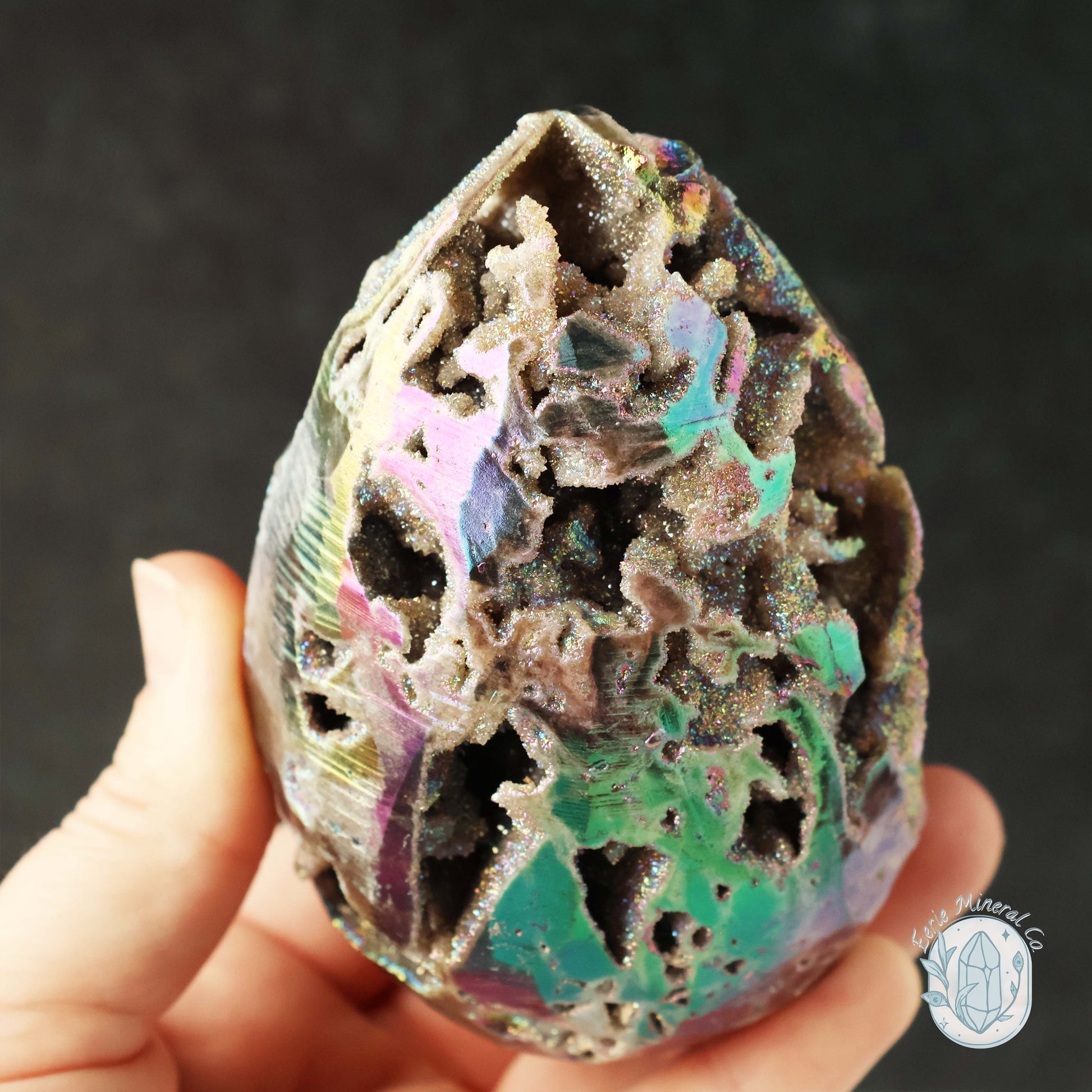 Rainbow Aura Druzy Sphalerite Egg With Stand