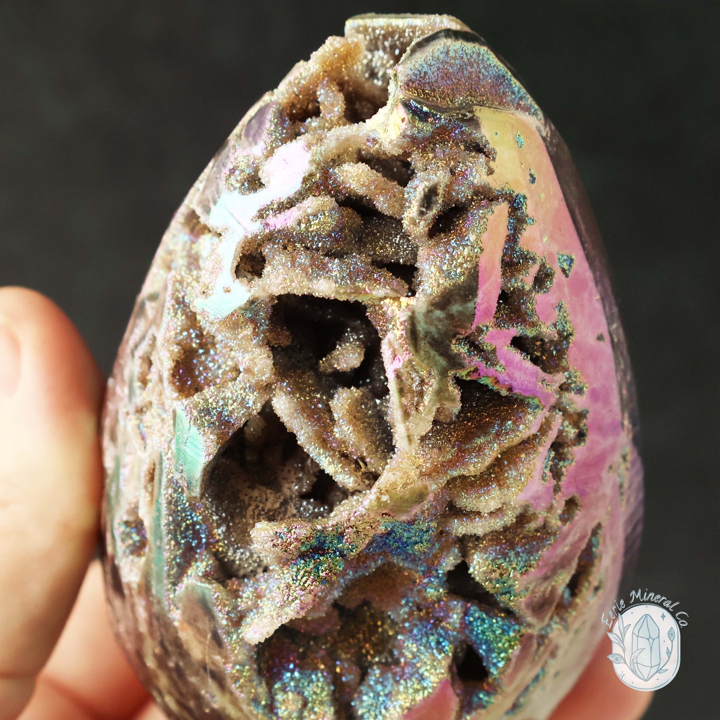 Rainbow Aura Druzy Sphalerite Egg With Stand