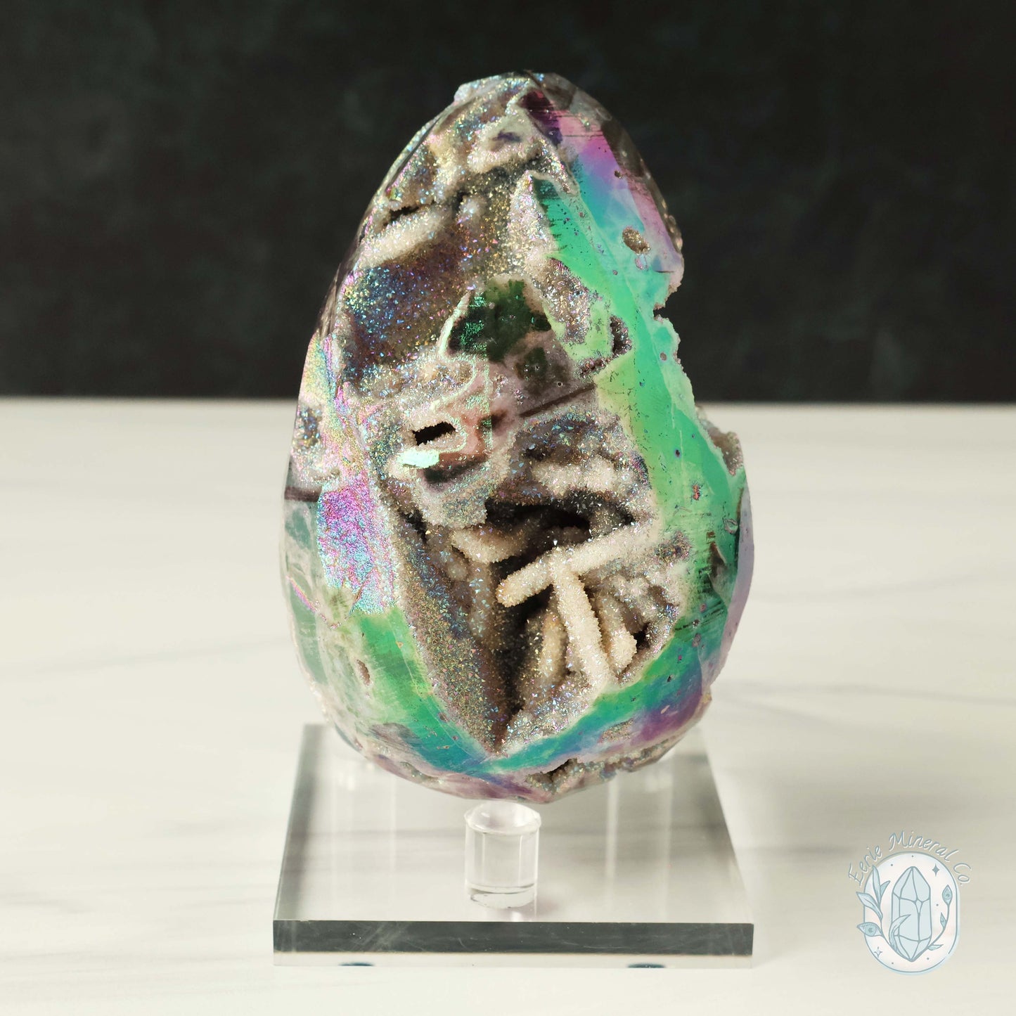 Rainbow Aura Druzy Sphalerite Egg With Stand
