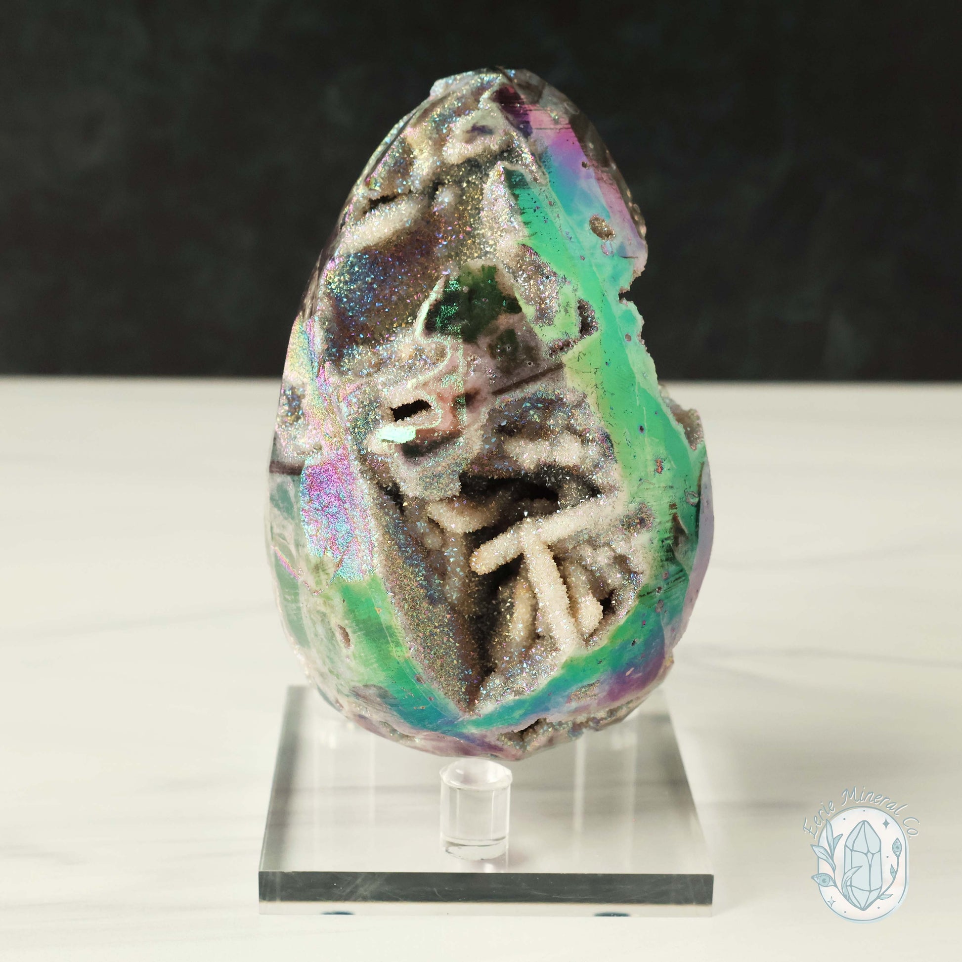 Rainbow Aura Druzy Sphalerite Egg With Stand