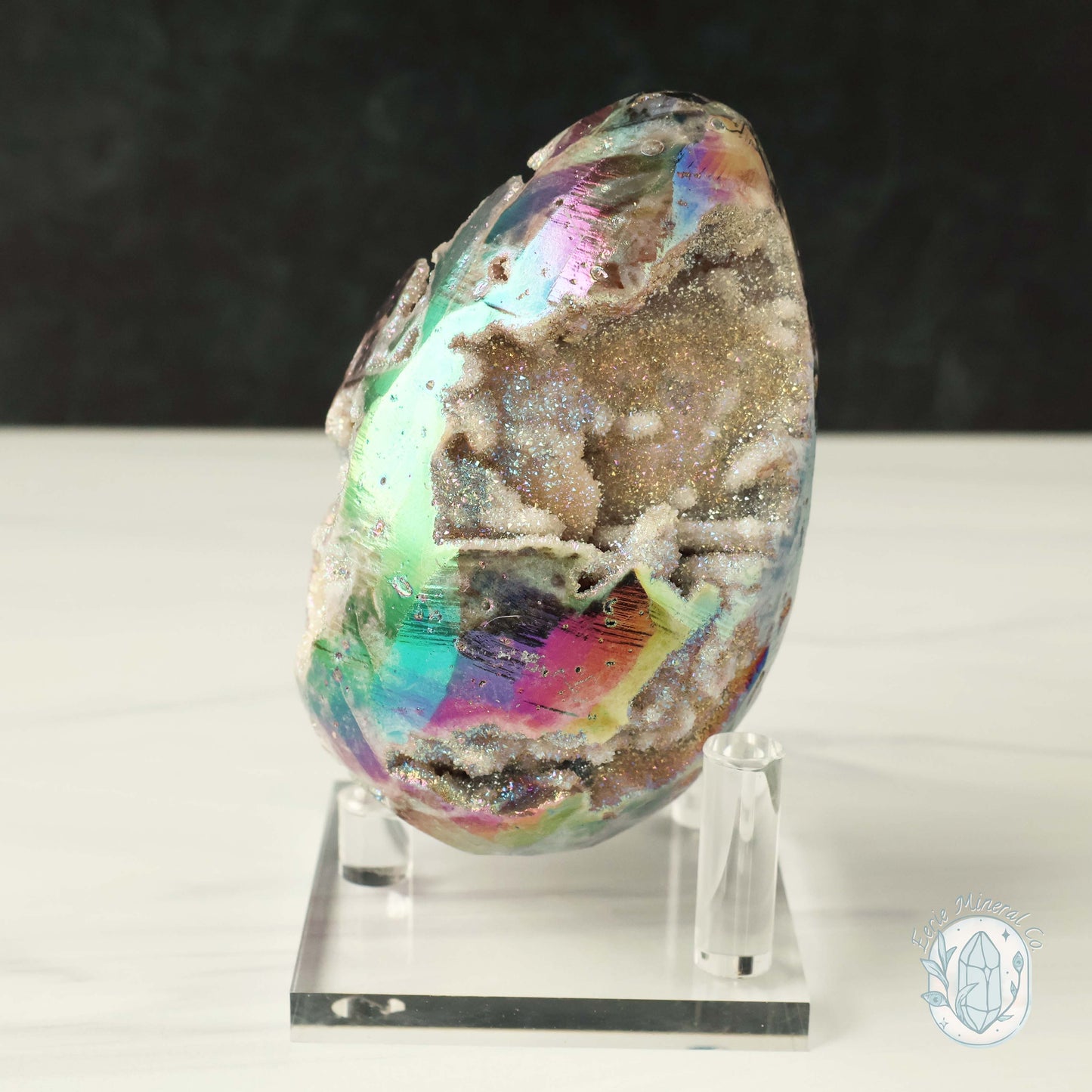 Rainbow Aura Druzy Sphalerite Egg With Stand