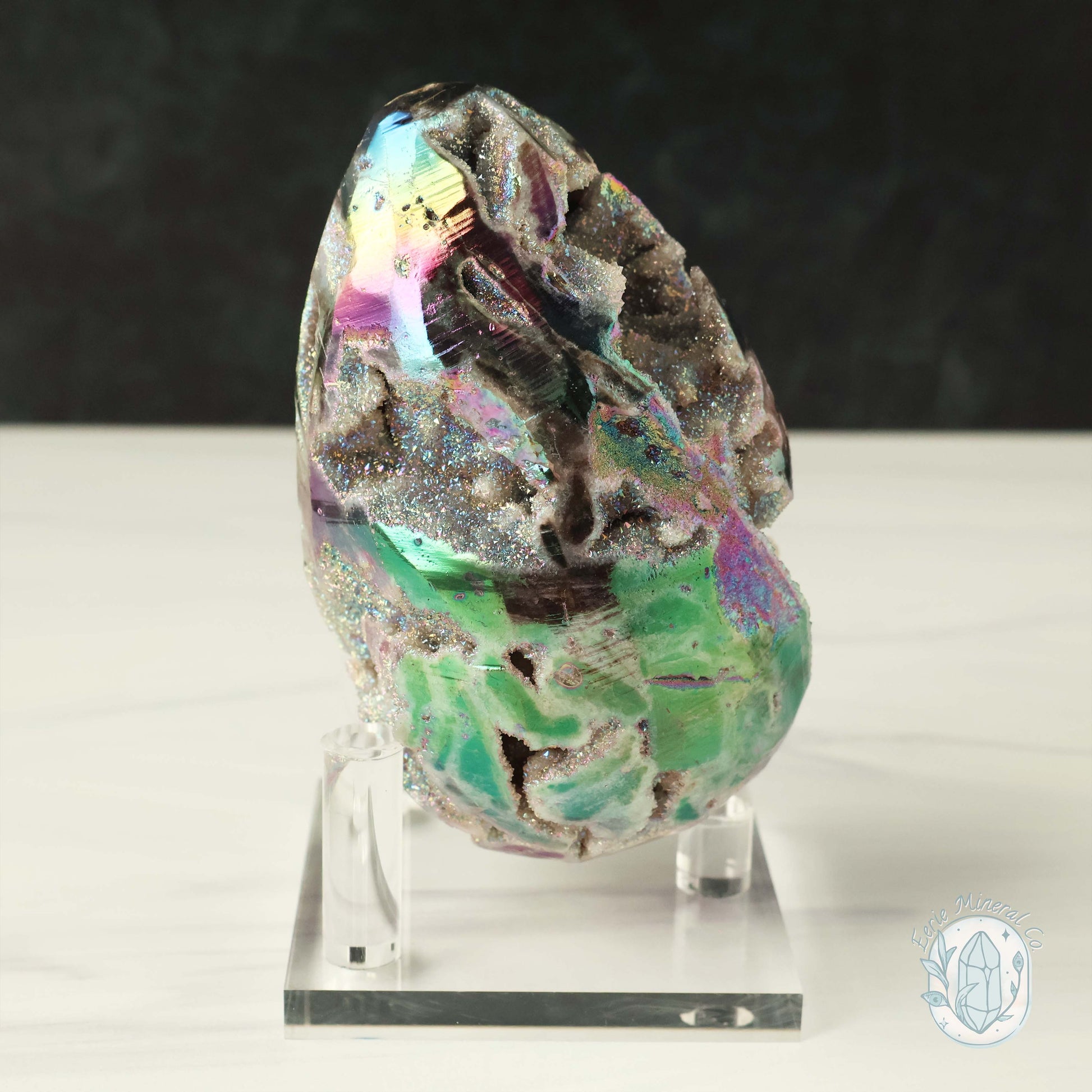 Rainbow Aura Druzy Sphalerite Egg With Stand