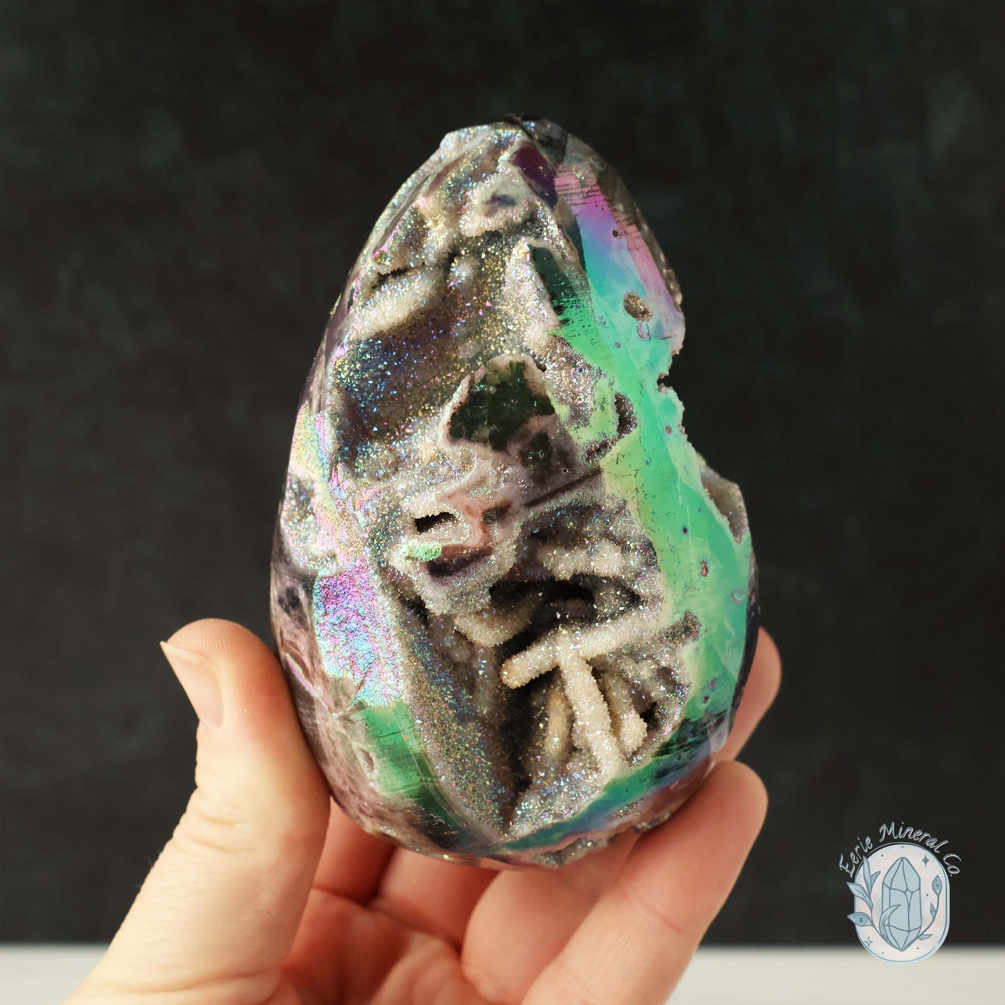 Rainbow Aura Druzy Sphalerite Egg With Stand