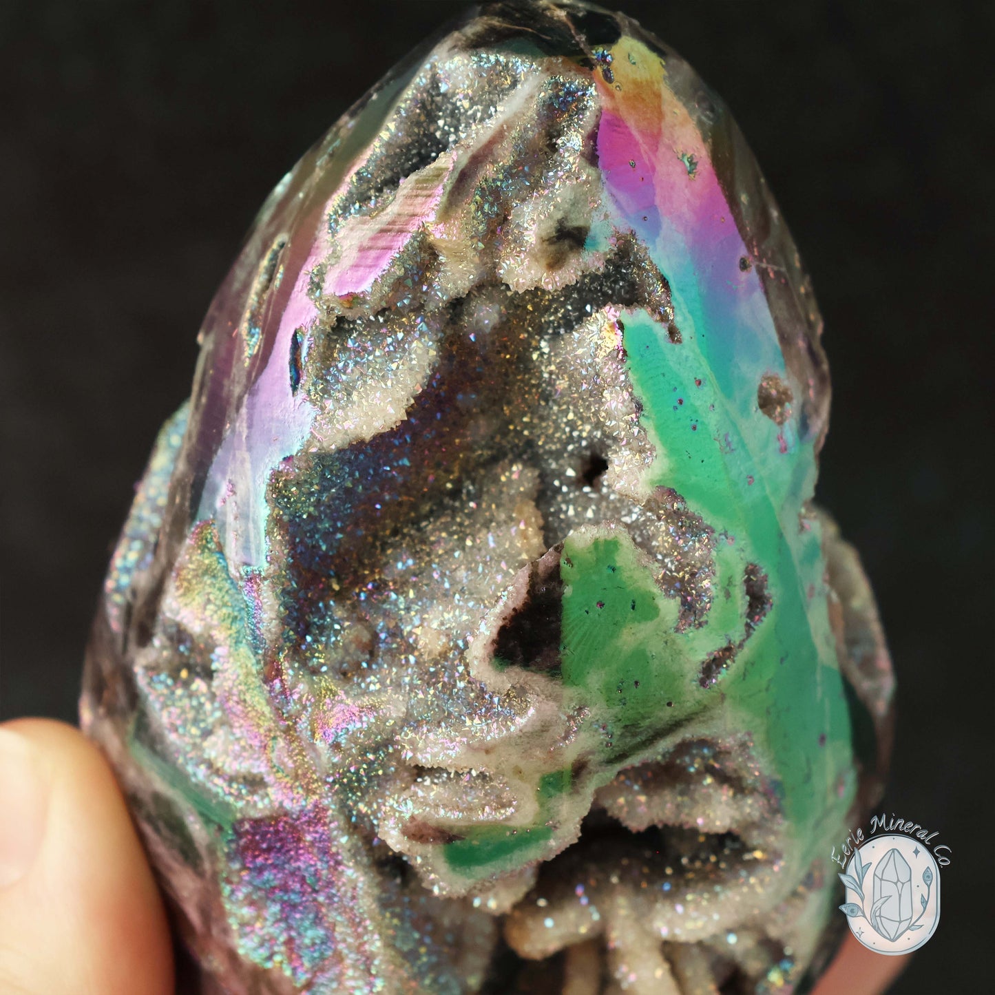 Rainbow Aura Druzy Sphalerite Egg With Stand