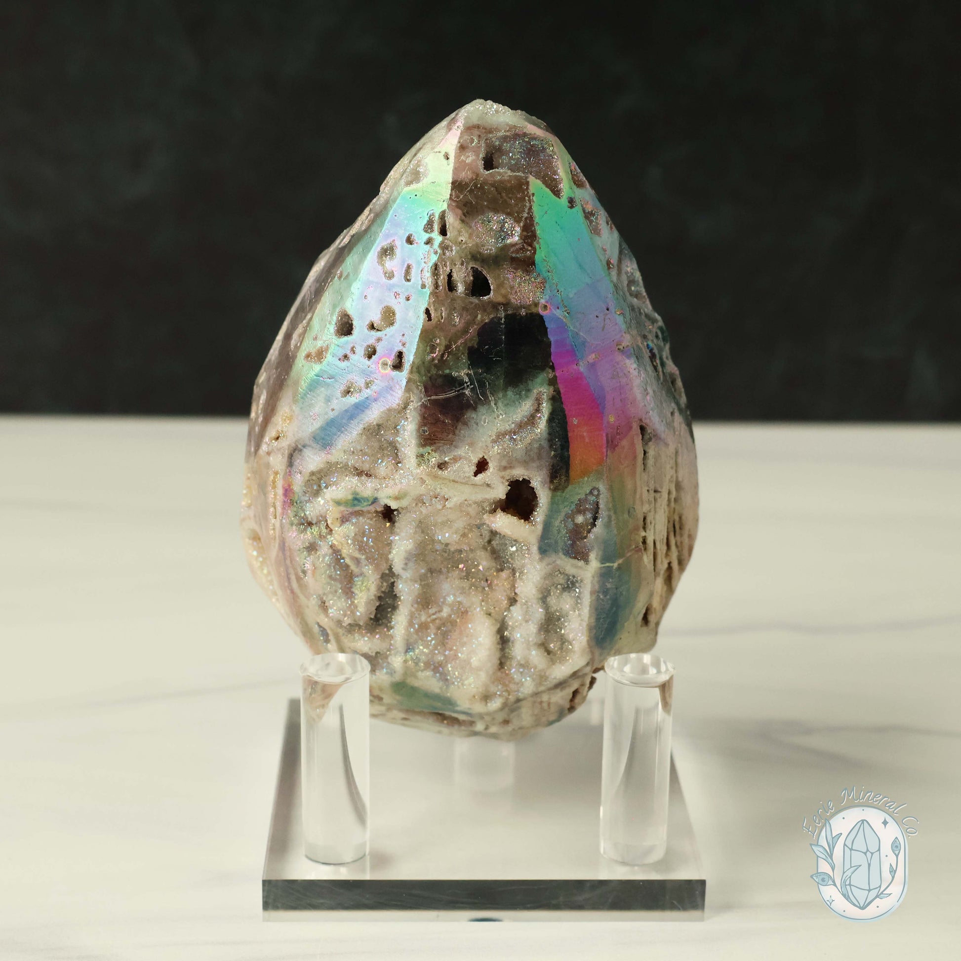 Rainbow Aura Druzy Sphalerite Egg With Stand