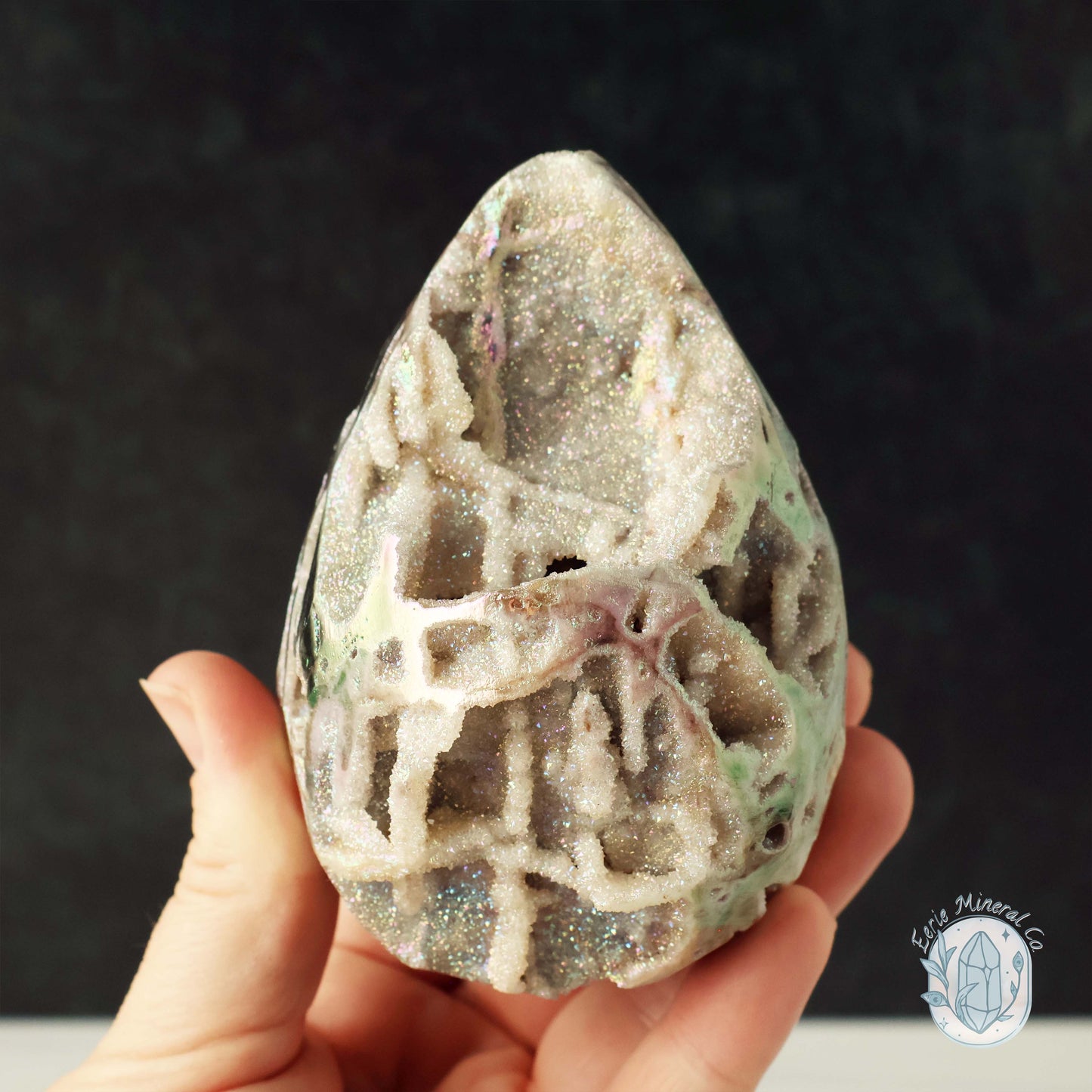 Rainbow Aura Druzy Sphalerite Egg With Stand