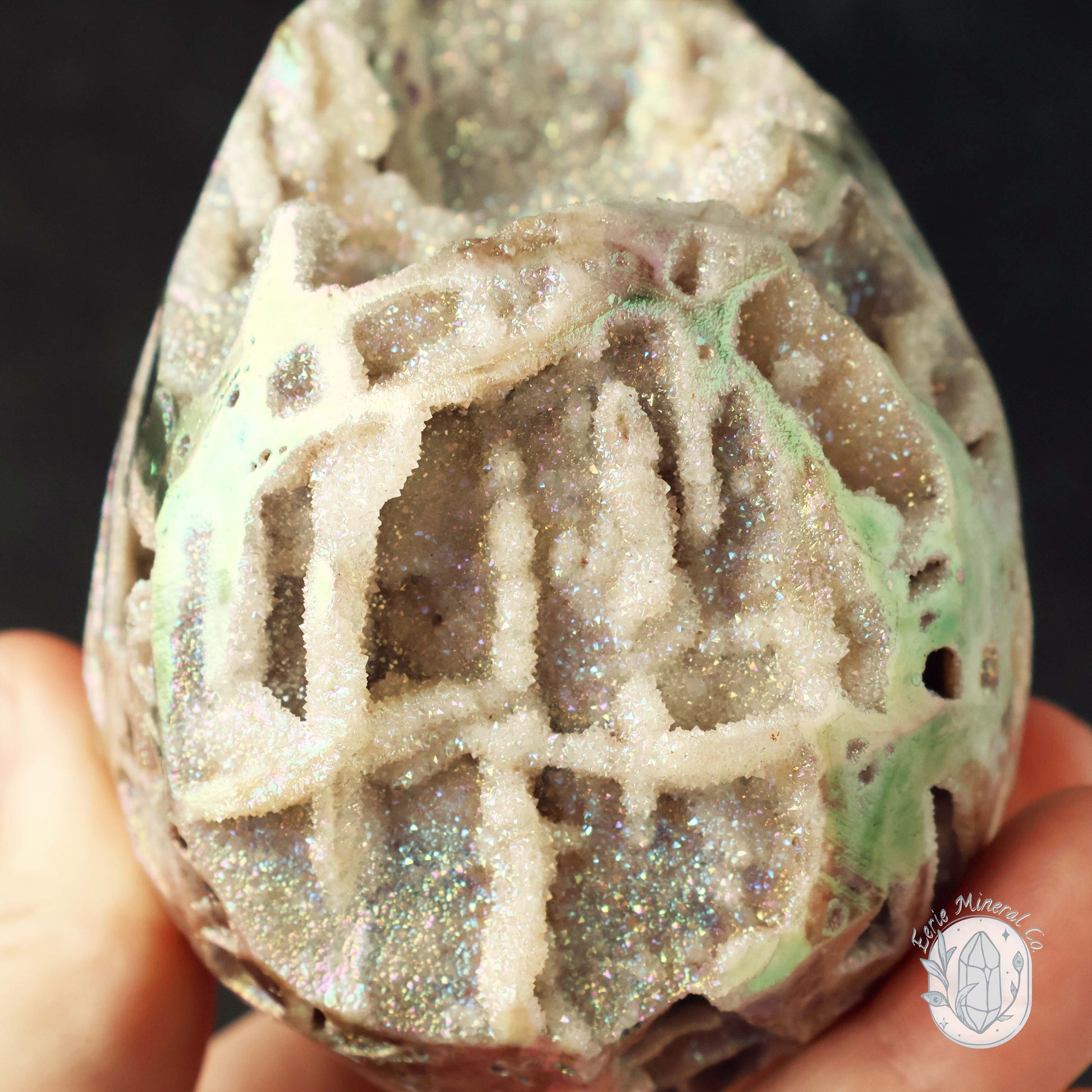 Rainbow Aura Druzy Sphalerite Egg With Stand
