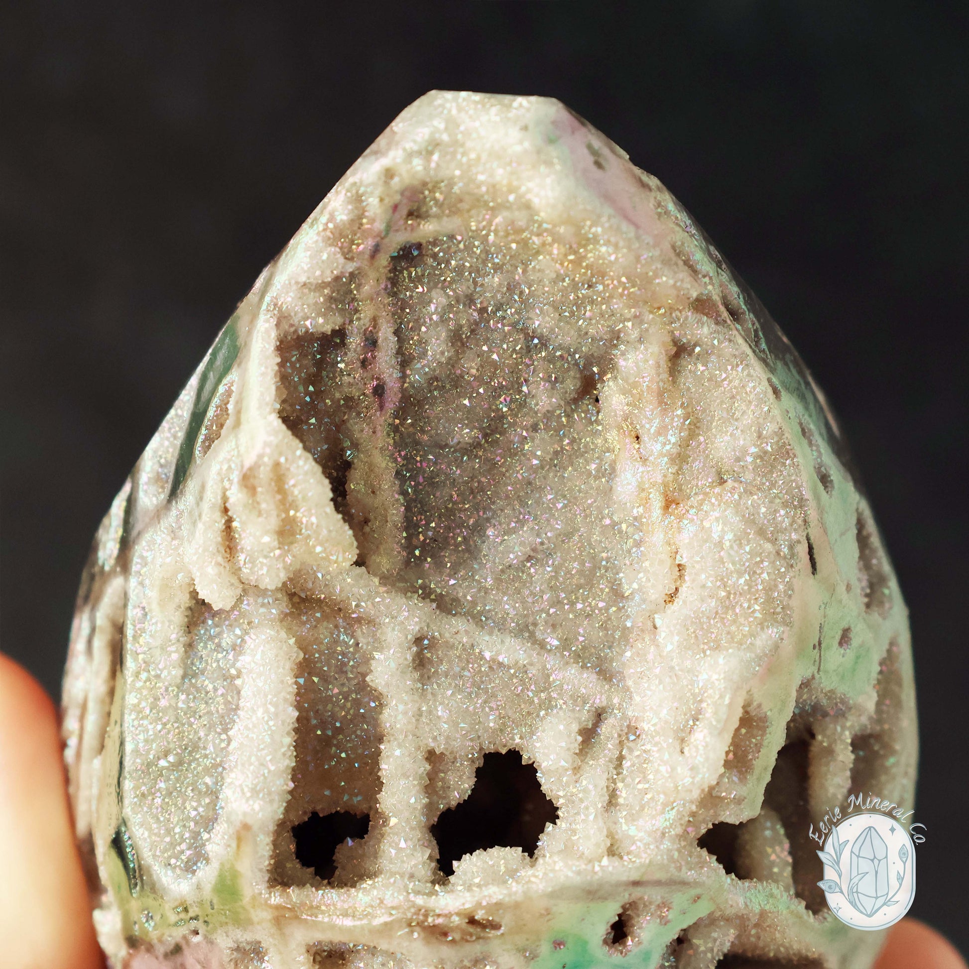 Rainbow Aura Druzy Sphalerite Egg With Stand