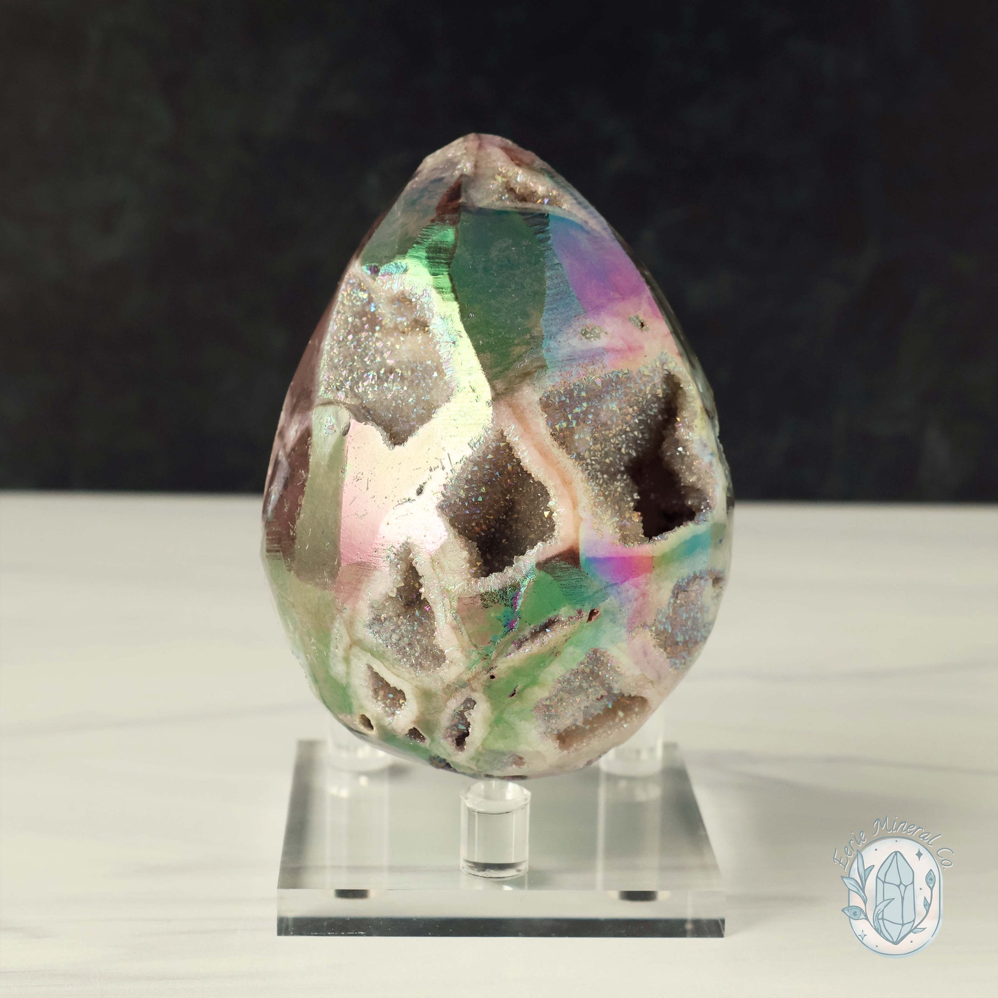 Rainbow Aura Druzy Sphalerite Egg With Stand
