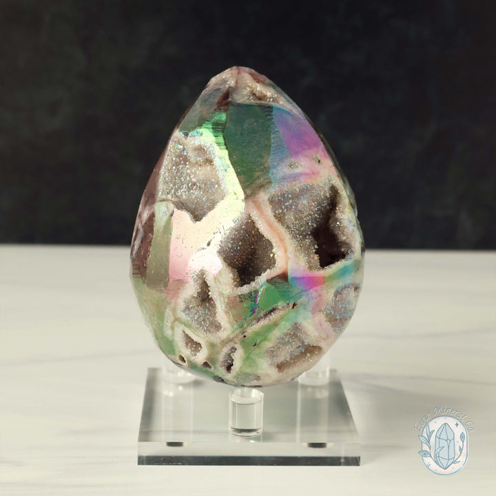 Rainbow Aura Druzy Sphalerite Egg With Stand