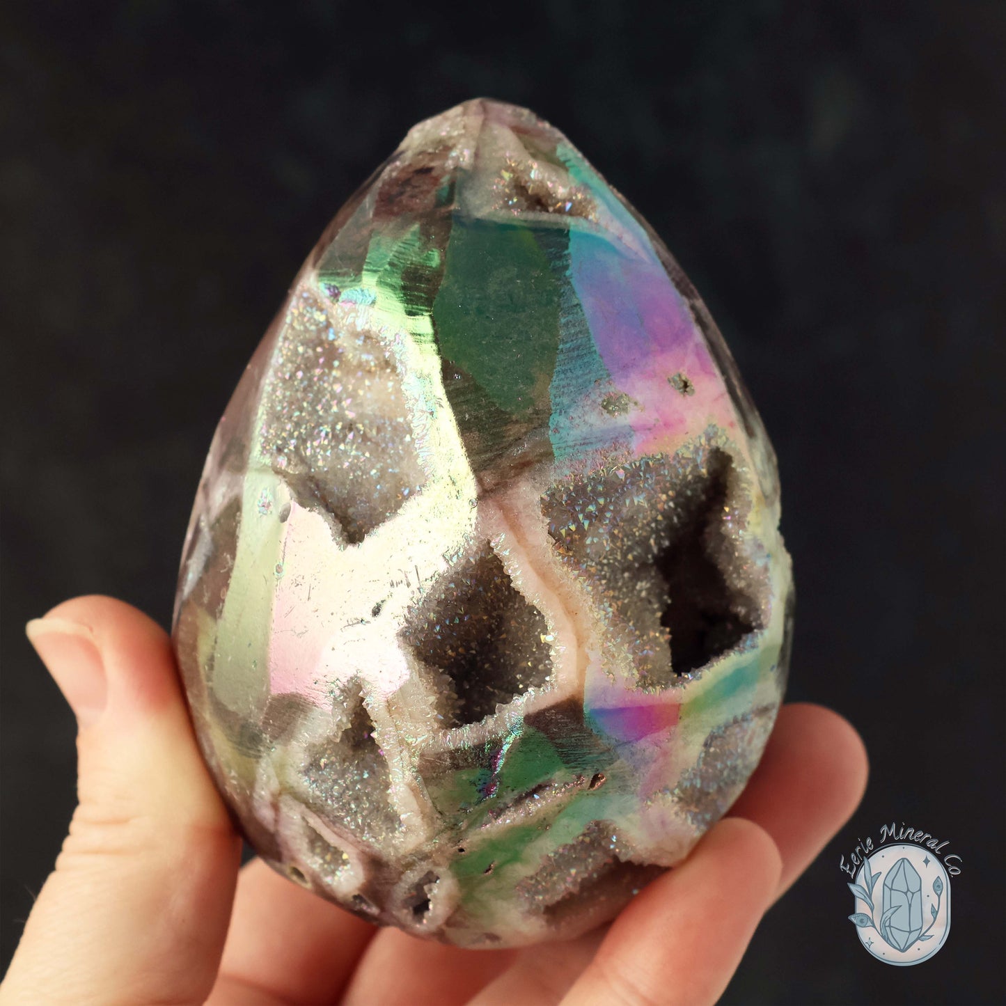 Rainbow Aura Druzy Sphalerite Egg With Stand