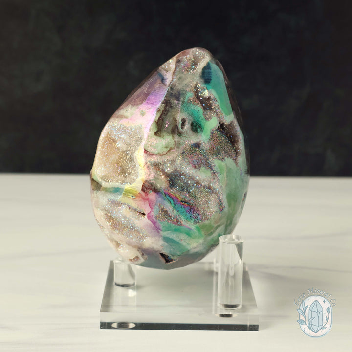 Rainbow Aura Druzy Sphalerite Egg With Stand