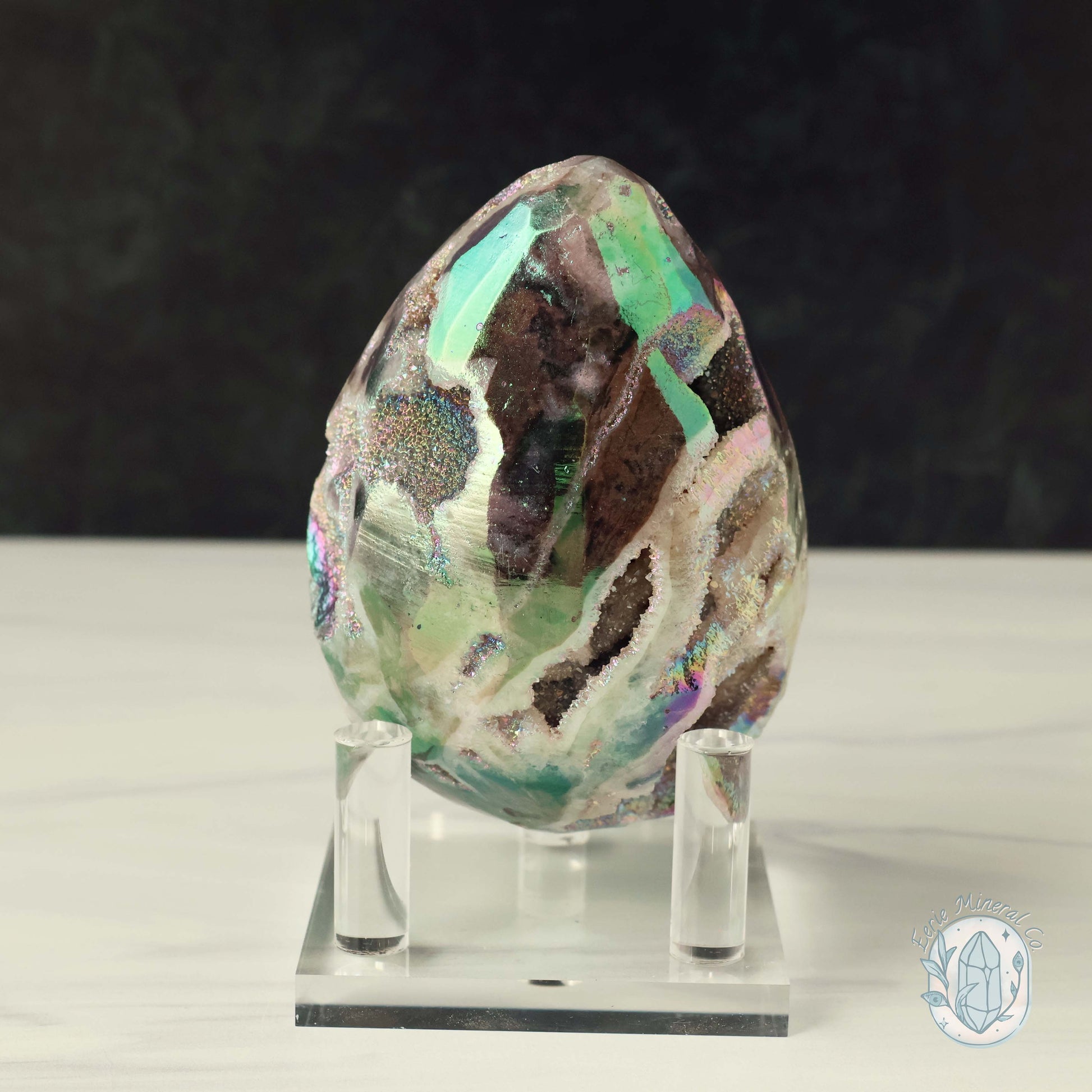Rainbow Aura Druzy Sphalerite Egg With Stand