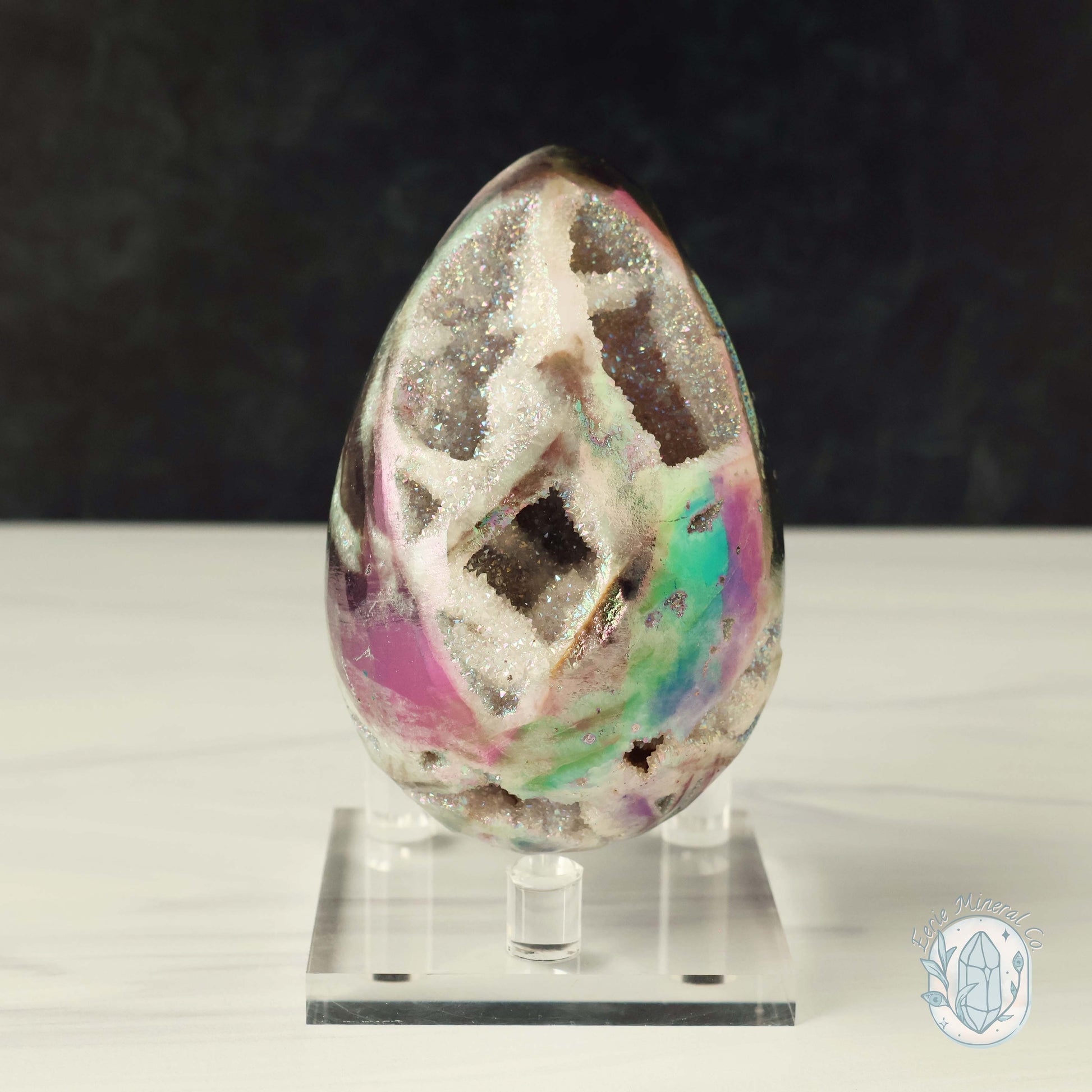 Hand Carved Rainbow Aura Druzy Sphalerite Egg With Stand
