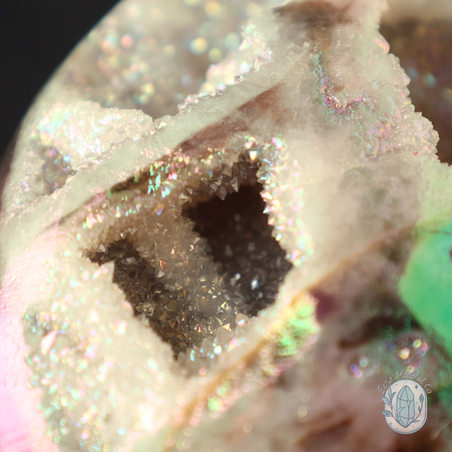 Hand Carved Rainbow Aura Druzy Sphalerite Egg With Stand
