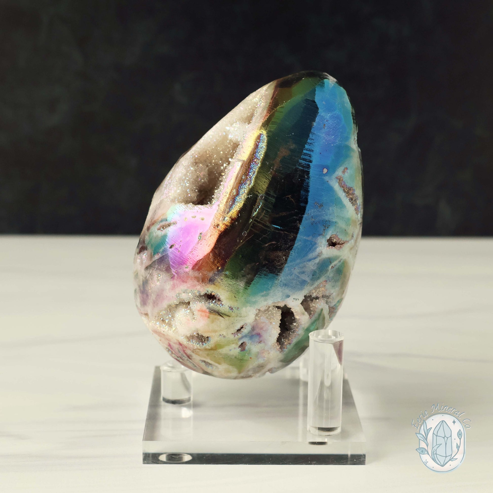 Hand Carved Rainbow Aura Druzy Sphalerite Egg With Stand
