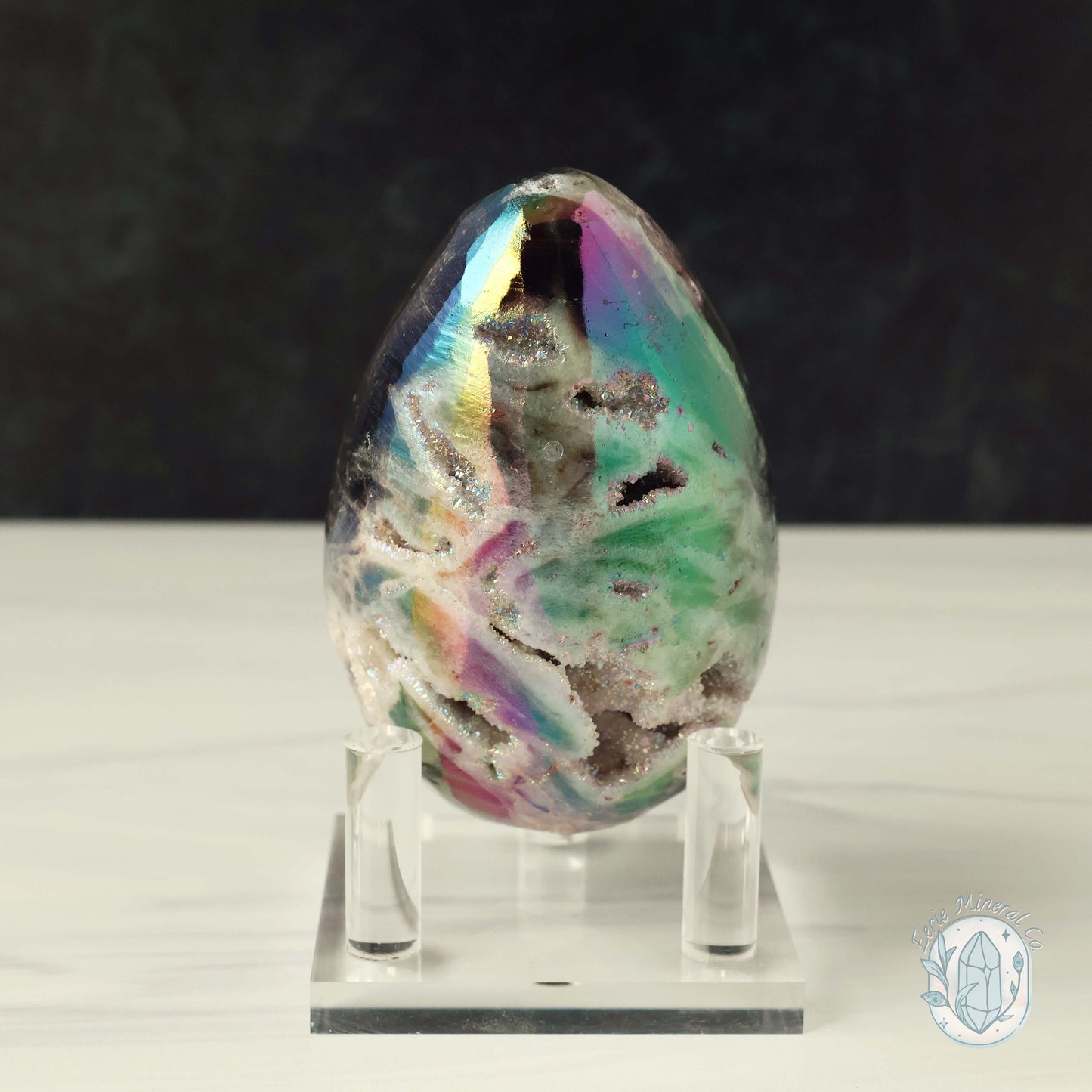 Hand Carved Rainbow Aura Druzy Sphalerite Egg With Stand