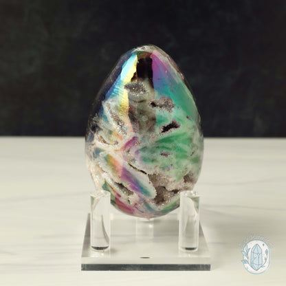 Hand Carved Rainbow Aura Druzy Sphalerite Egg With Stand
