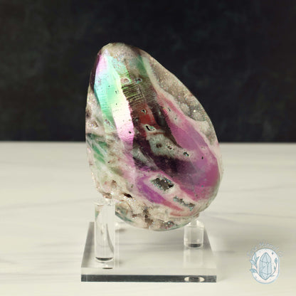 Hand Carved Rainbow Aura Druzy Sphalerite Egg With Stand