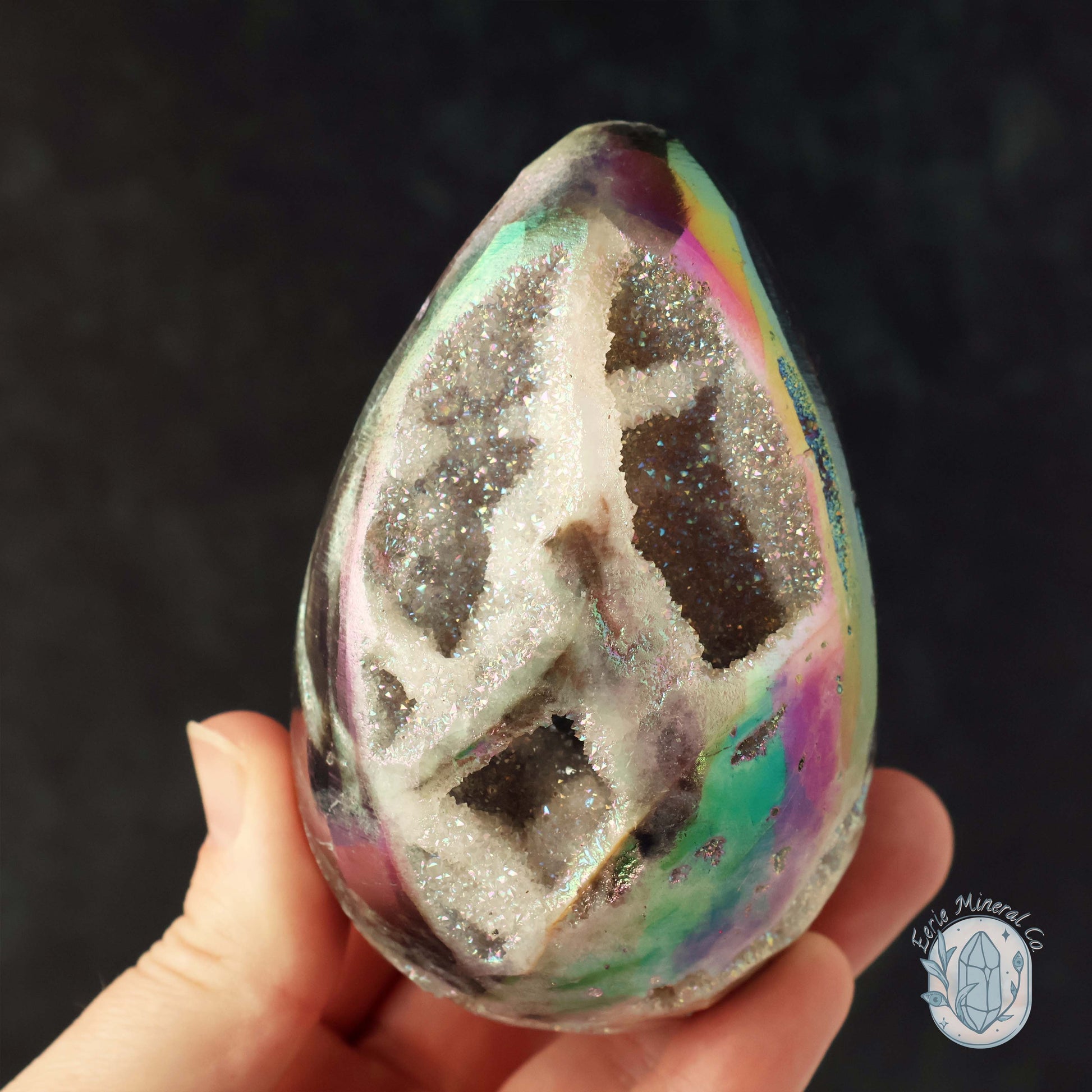 Hand Carved Rainbow Aura Druzy Sphalerite Egg With Stand