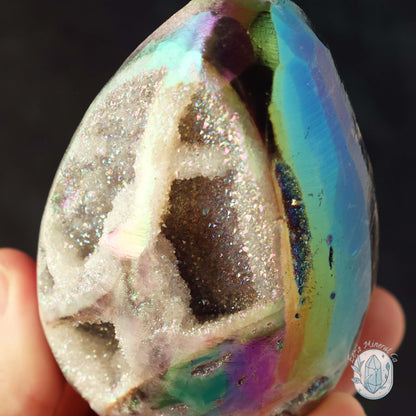 Hand Carved Rainbow Aura Druzy Sphalerite Egg With Stand