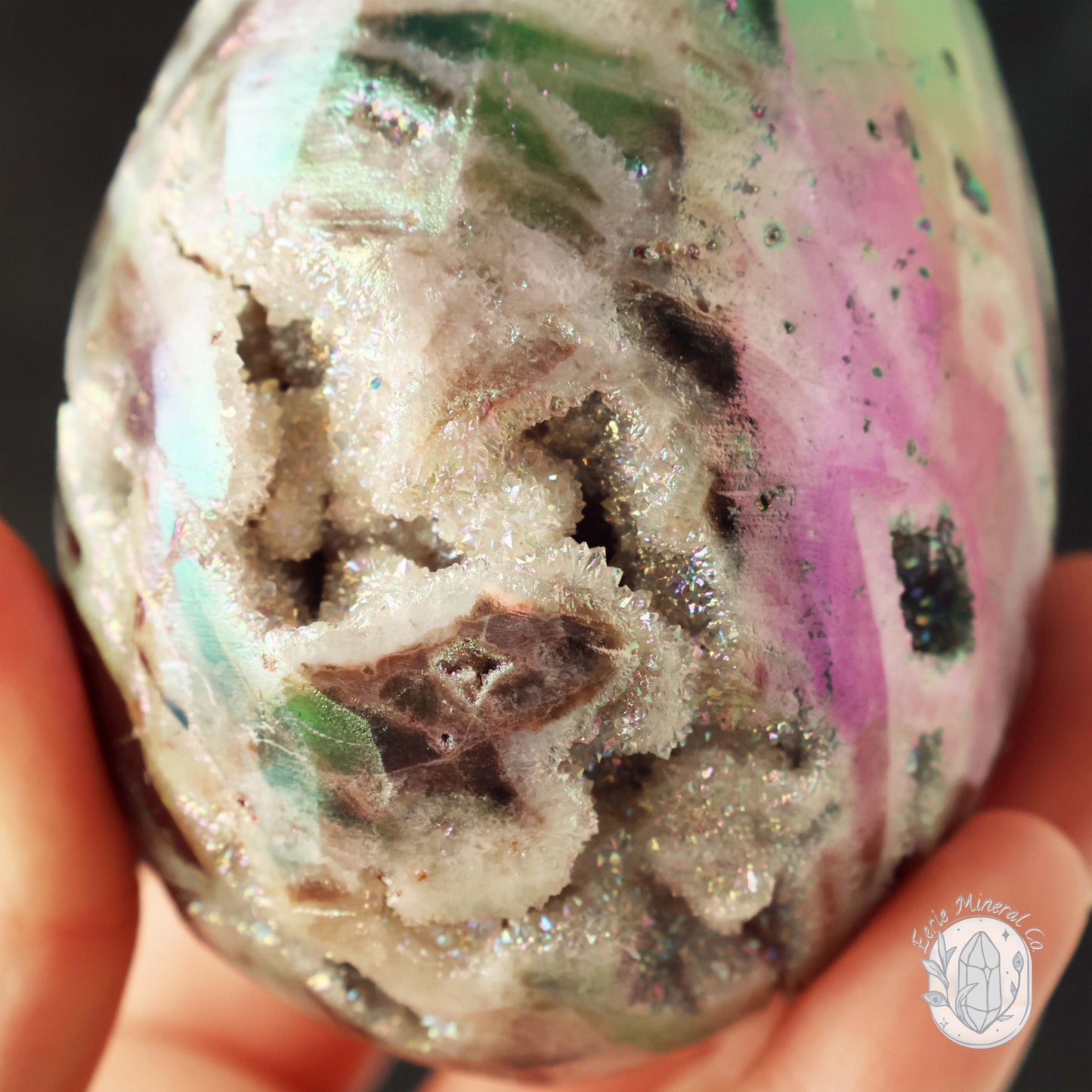 Hand Carved Rainbow Aura Druzy Sphalerite Egg With Stand