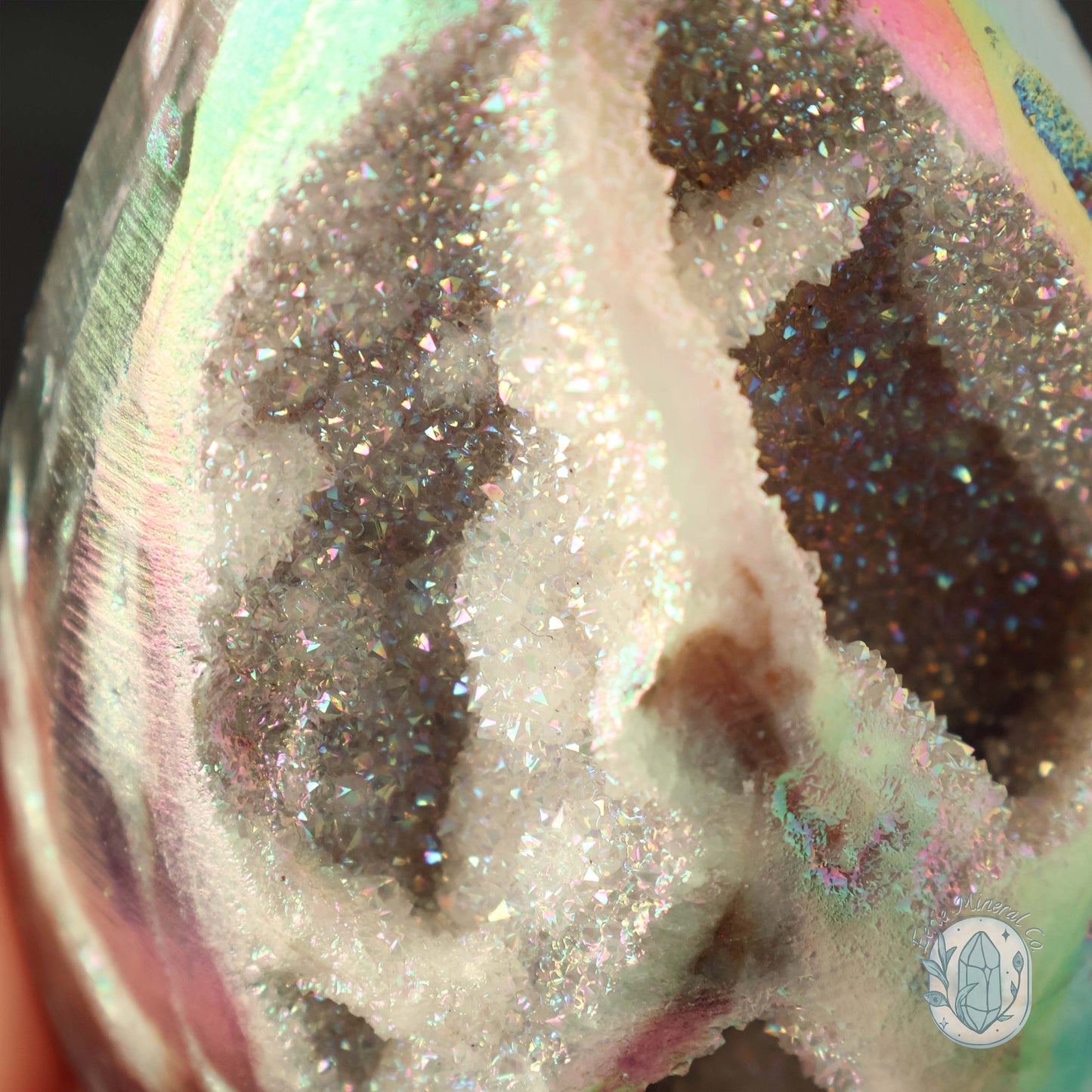 Hand Carved Rainbow Aura Druzy Sphalerite Egg With Stand