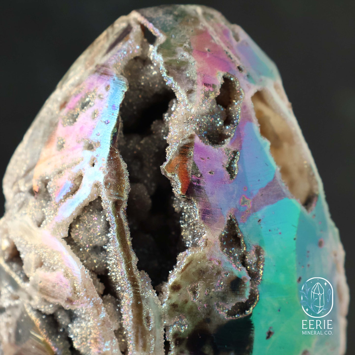 Hand Carved Rainbow Aura Druzy Sphalerite Egg