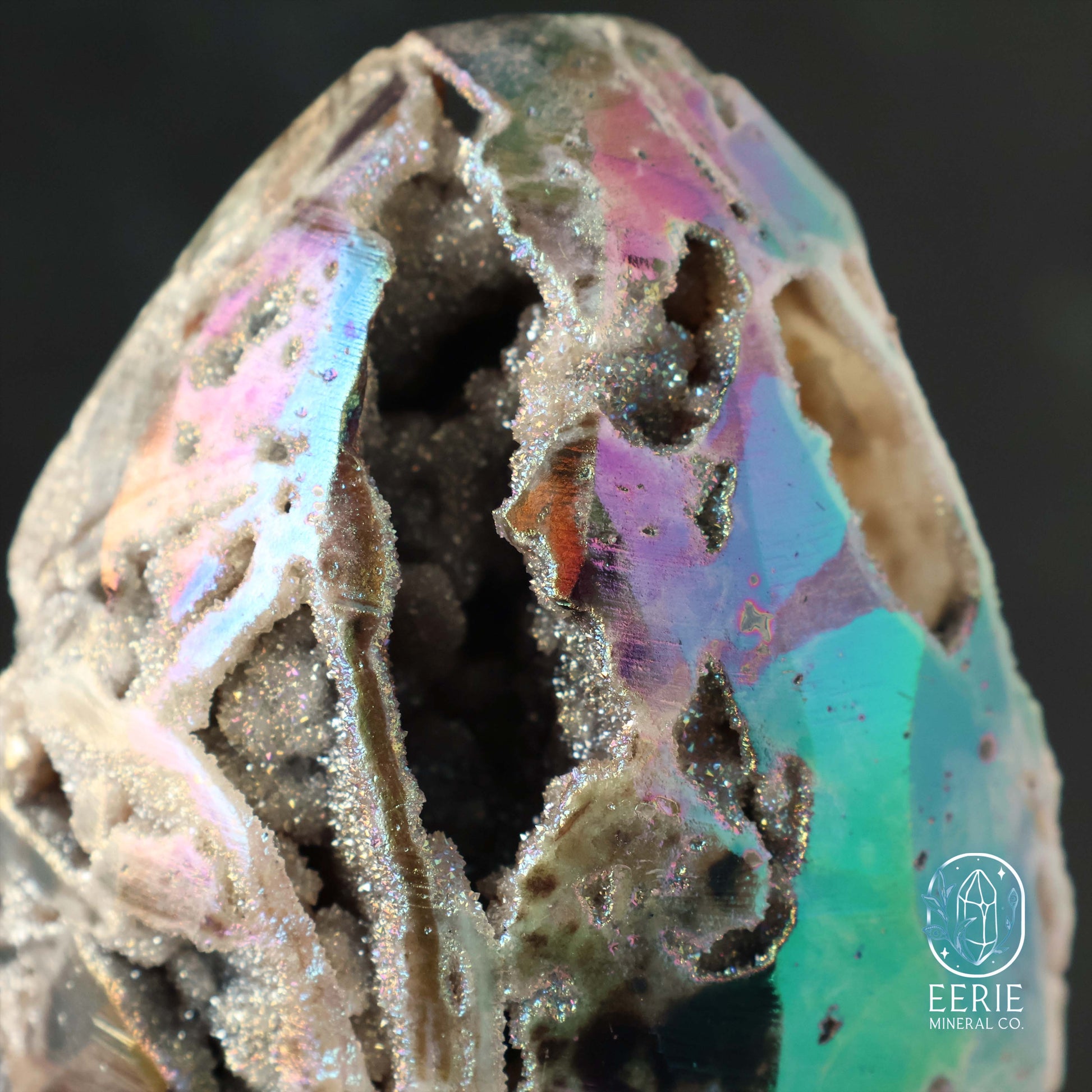 Hand Carved Rainbow Aura Druzy Sphalerite Egg