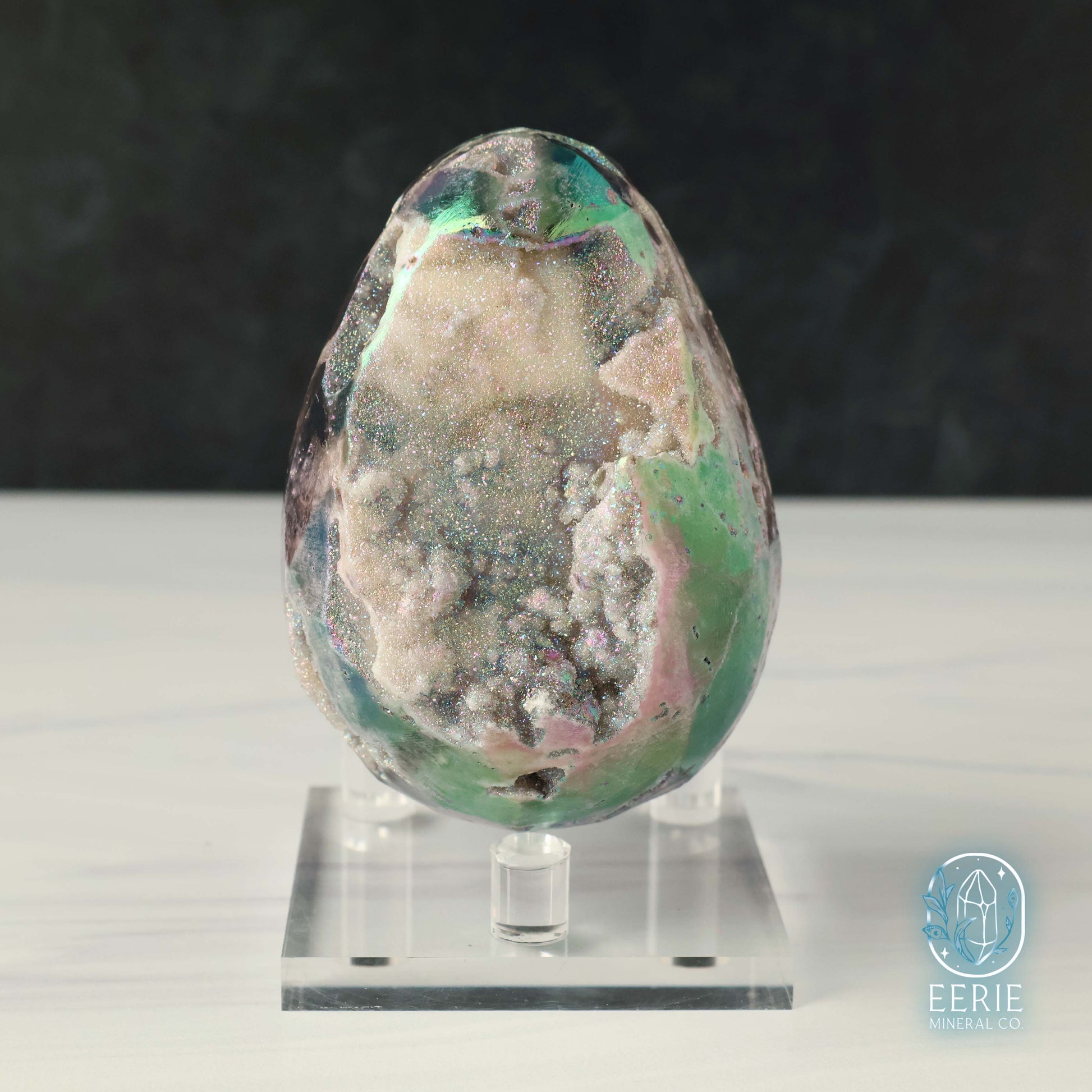 Hand Carved Rainbow Aura Druzy Sphalerite Egg
