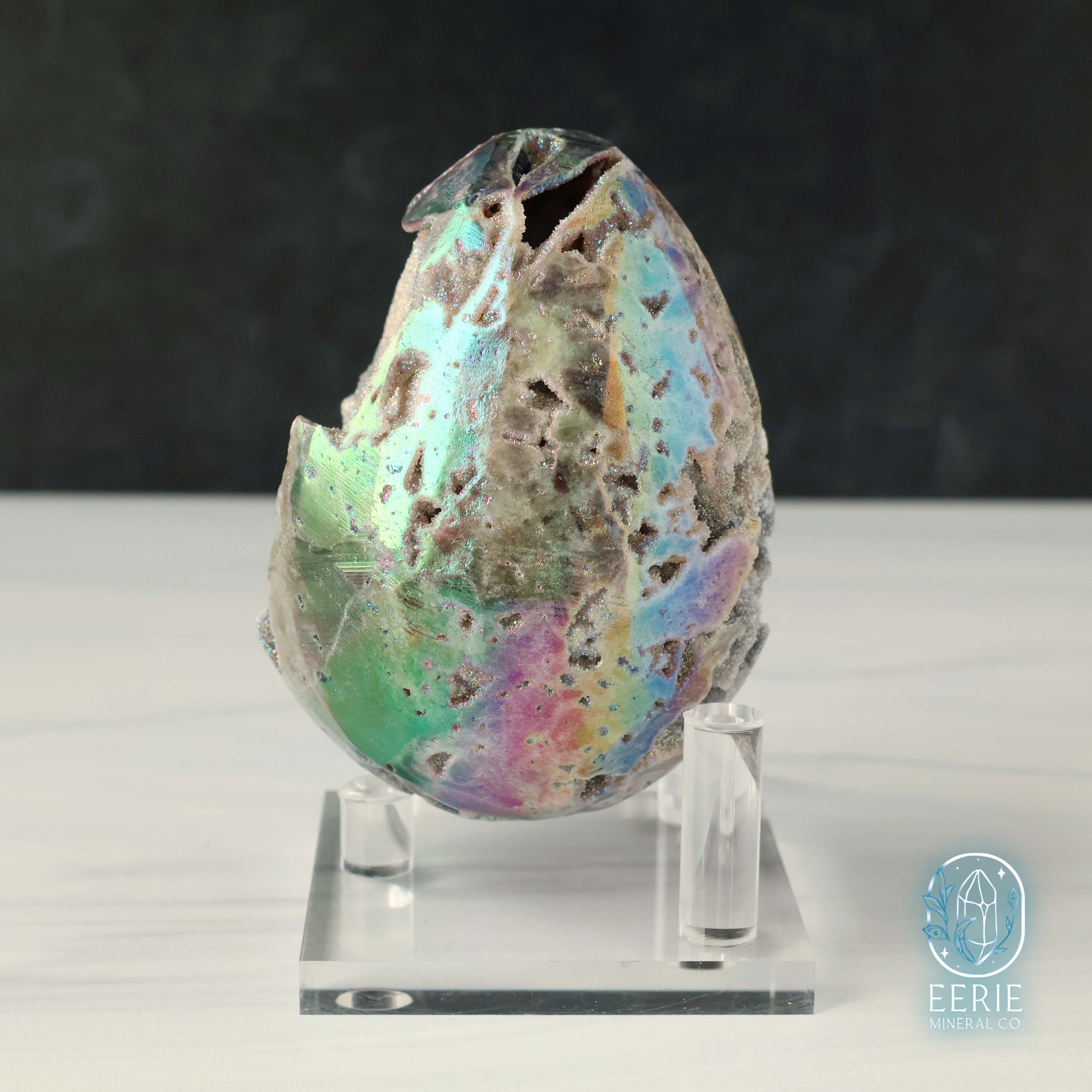 Hand Carved Rainbow Aura Druzy Sphalerite Egg