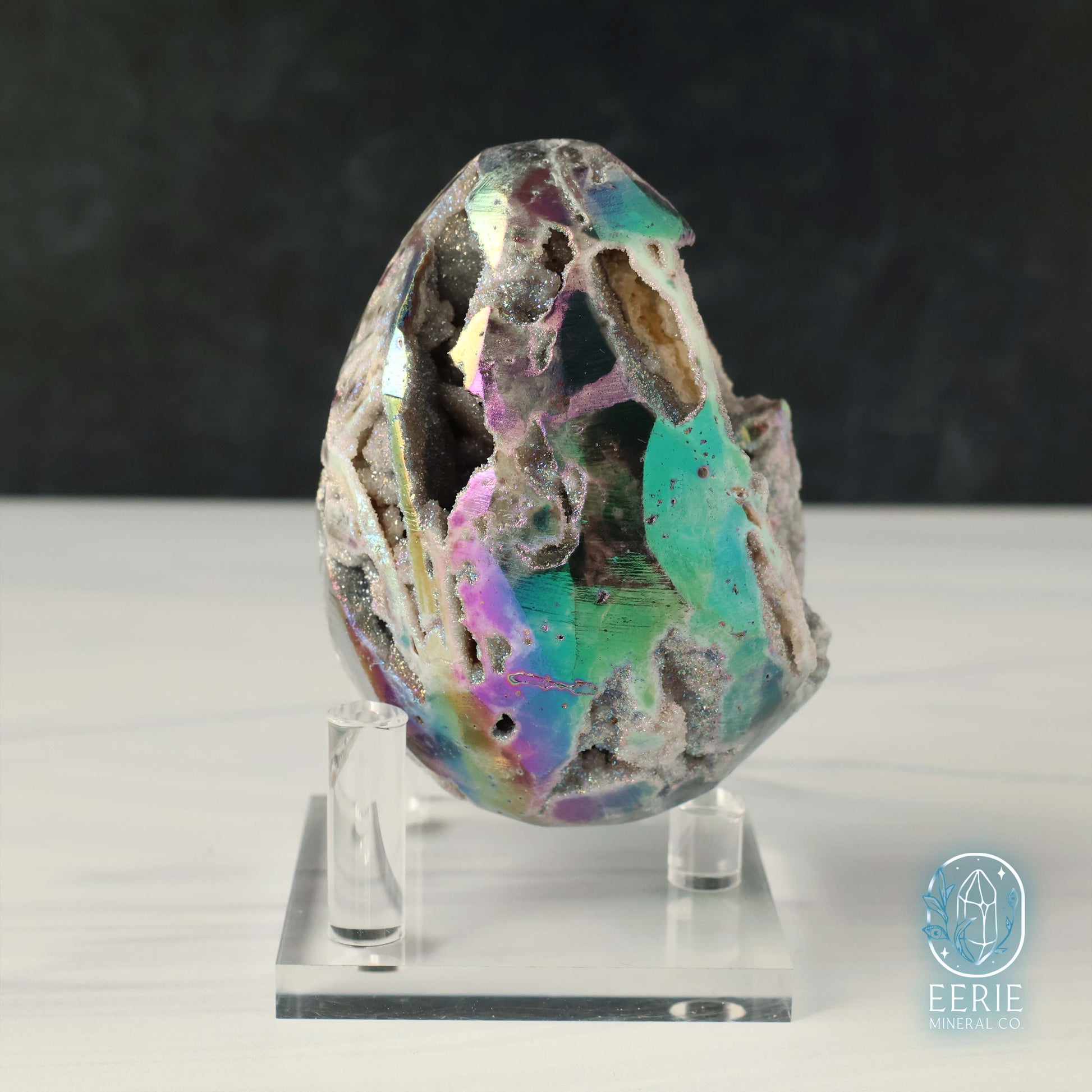 Hand Carved Rainbow Aura Druzy Sphalerite Egg