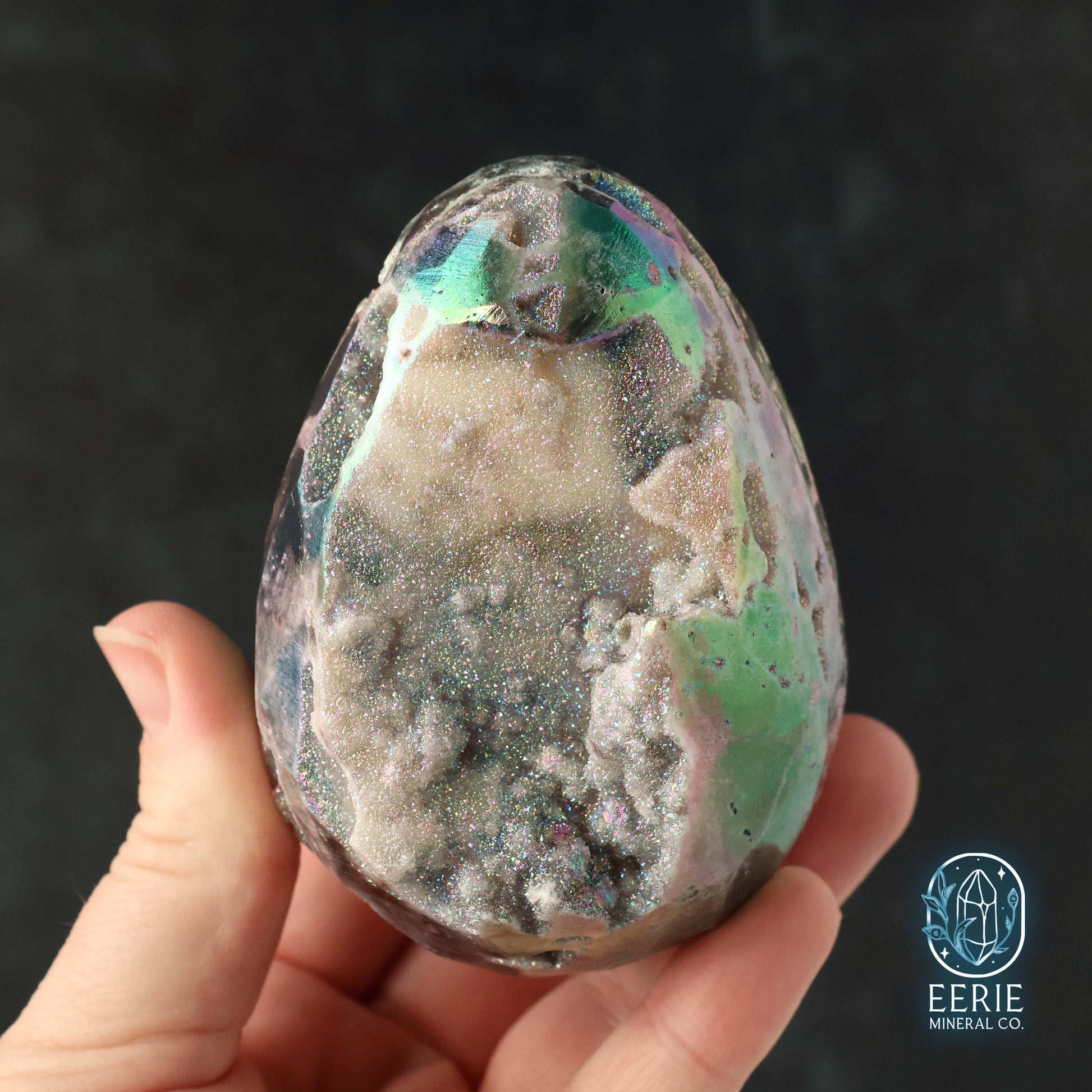 Hand Carved Rainbow Aura Druzy Sphalerite Egg