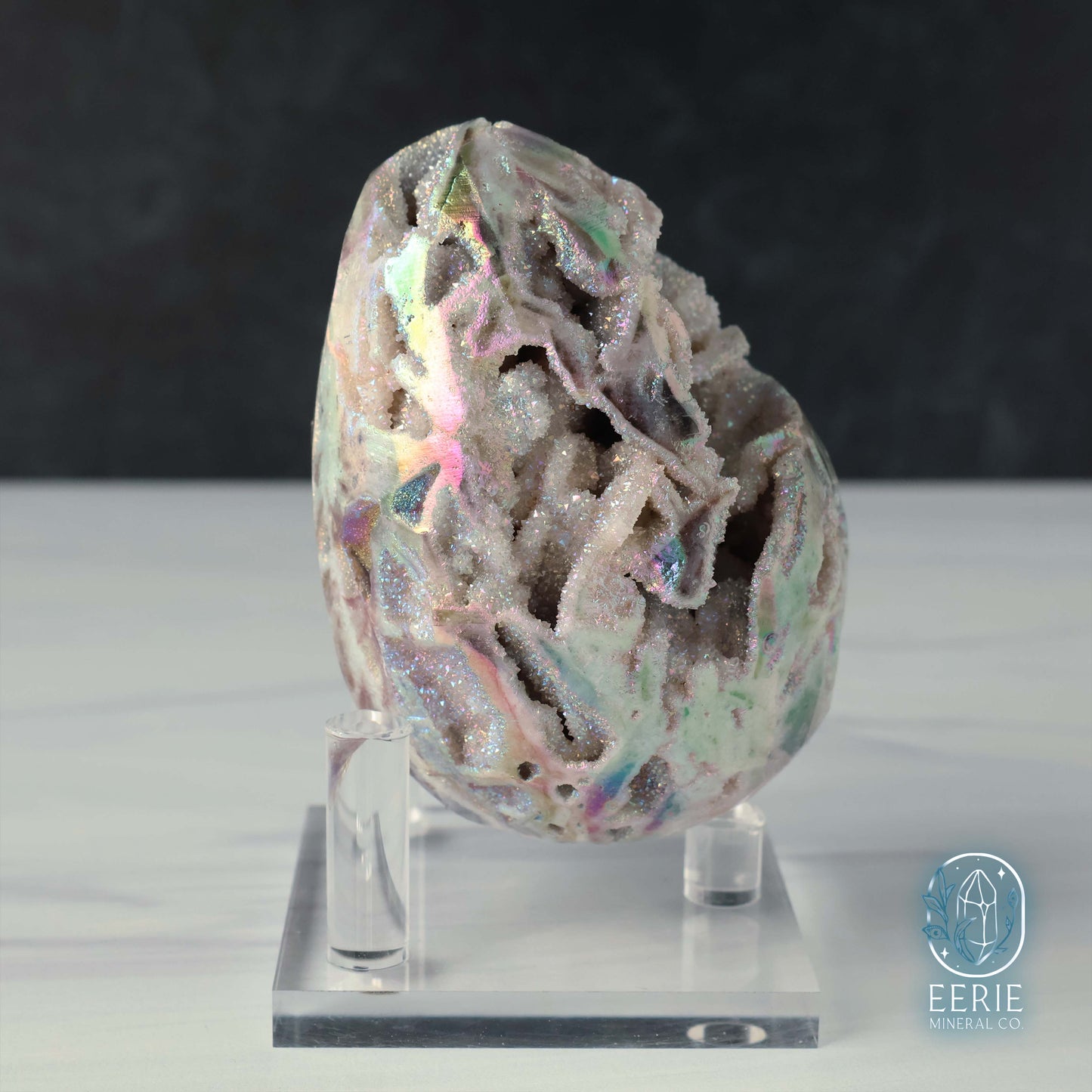 Hand Carved Rainbow Aura Druzy Sphalerite Egg