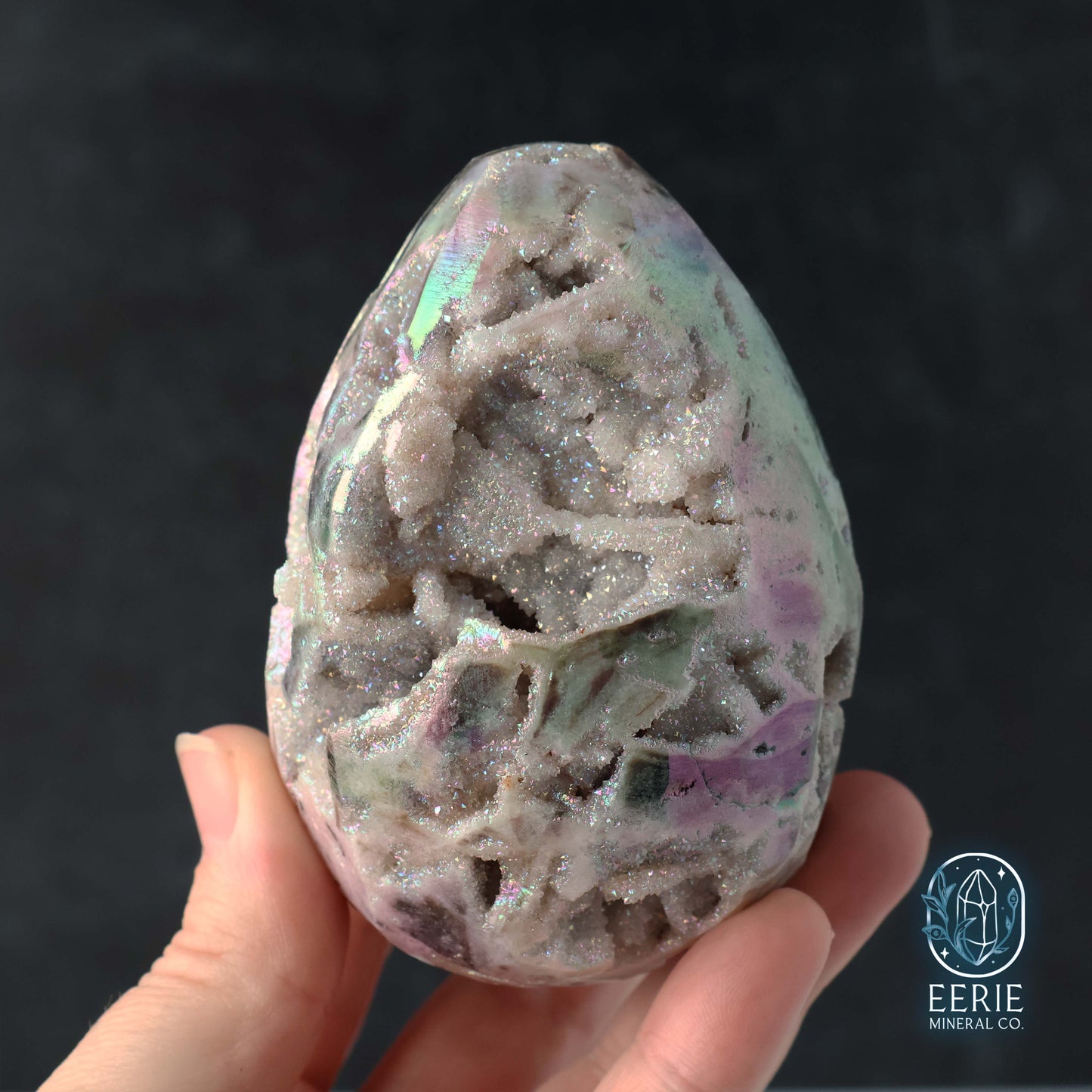 Hand Carved Rainbow Aura Druzy Sphalerite Egg