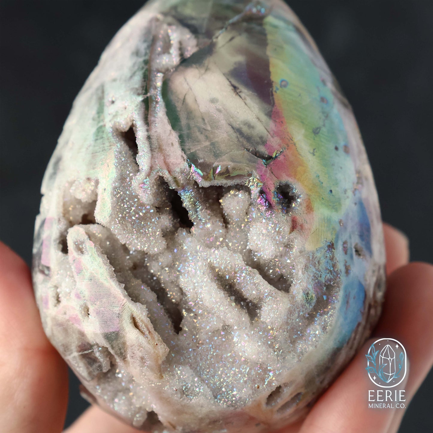 Hand Carved Rainbow Aura Druzy Sphalerite Egg